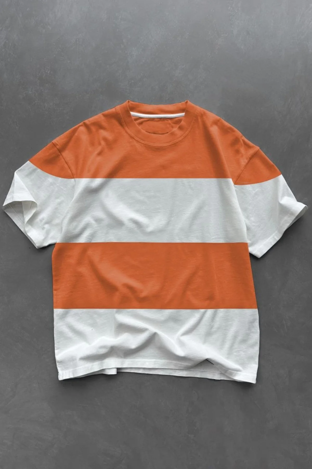 Unisex Bisiklet Yaka Parçalı T-Shirt - Turuncu