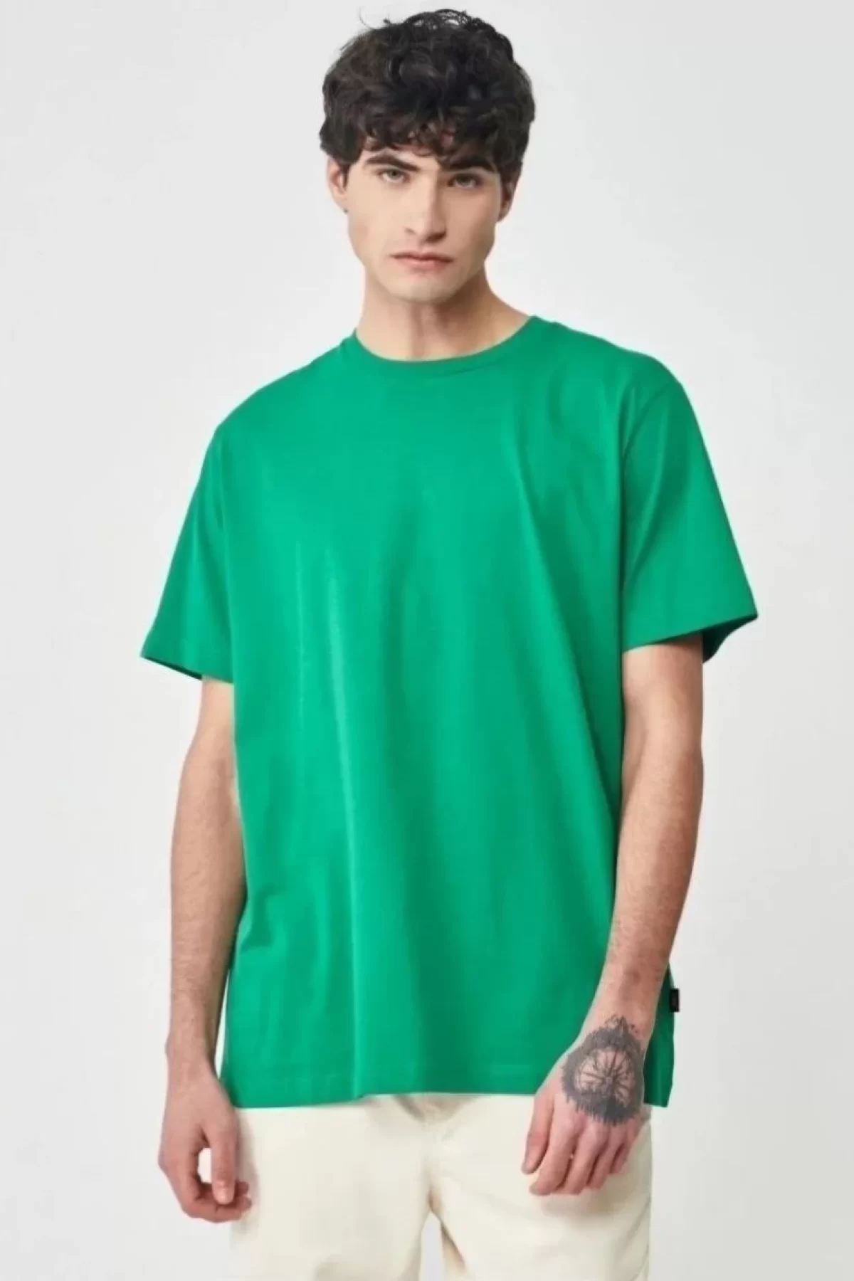 Unisex Düz Biskilet Yaka Oversize T-shirt - Yeşil