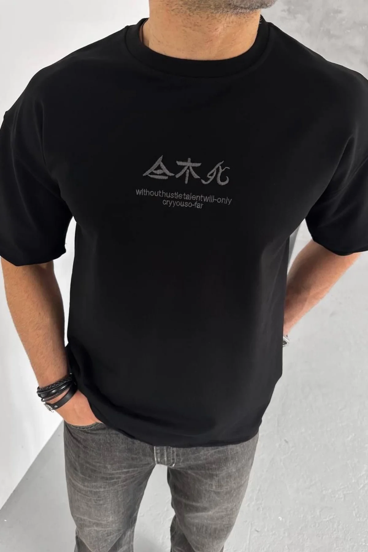 Erkek Baskılı Bisiklet Yaka T-Shirt - Siyah