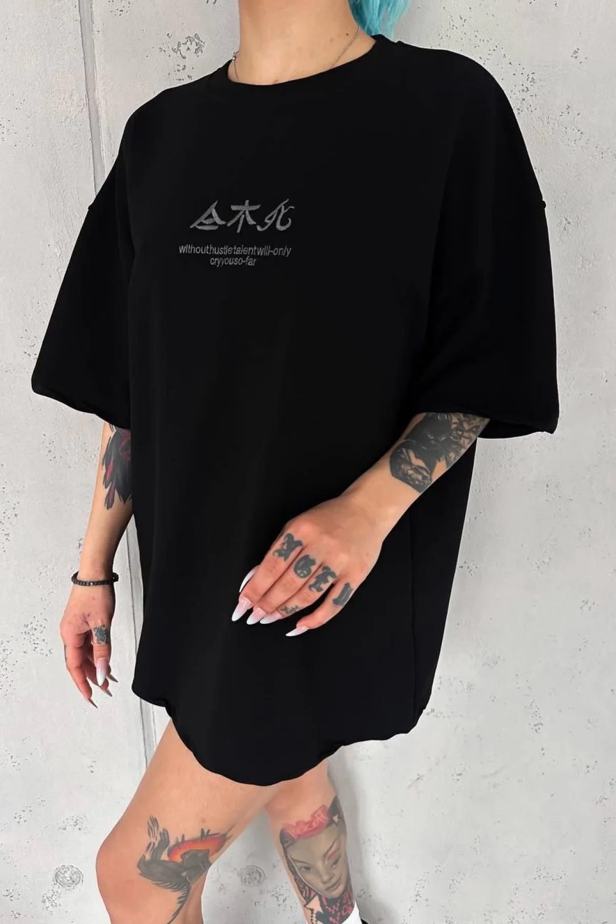 Kadın Baskılı kısa kol Oversize T-Shirt - Siyah