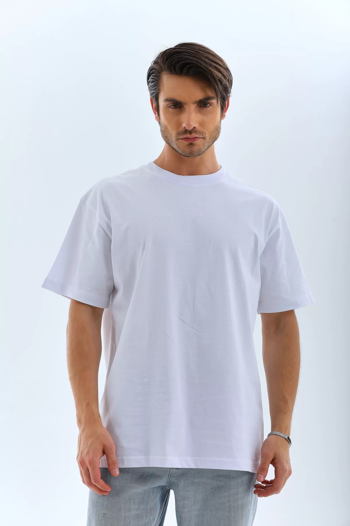 Unisex Oversize Düz Bisiklet Yaka T-Shirt - Beyaz