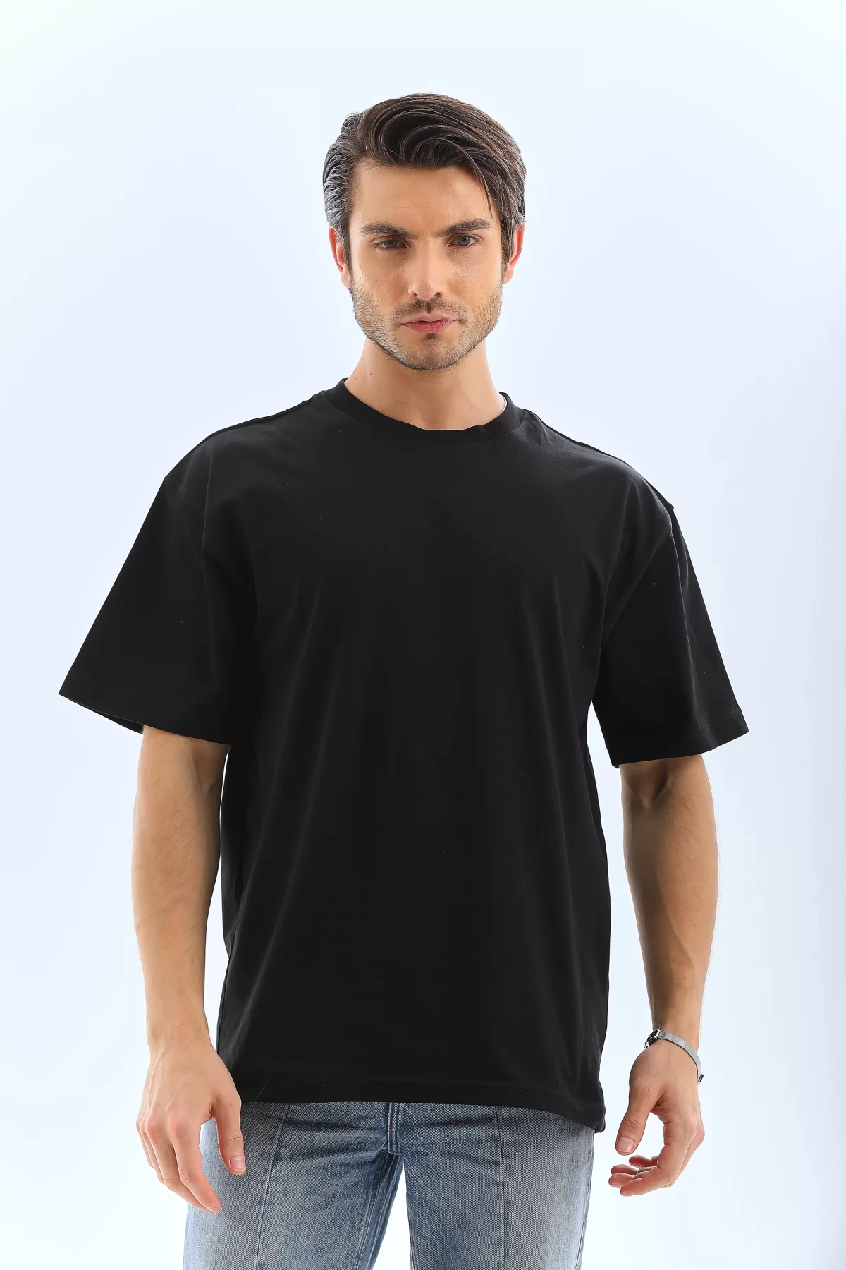Unisex Oversize Düz Bisiklet Yaka T-Shirt - Siyah