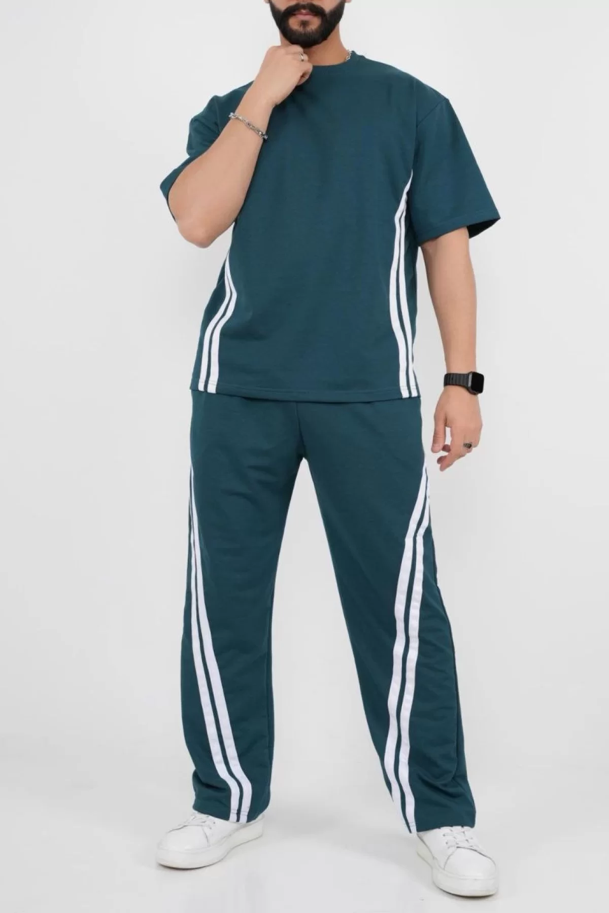 Unisex Şeritli T-Shirt ve Eşofman Takımı - Cam Göbeği