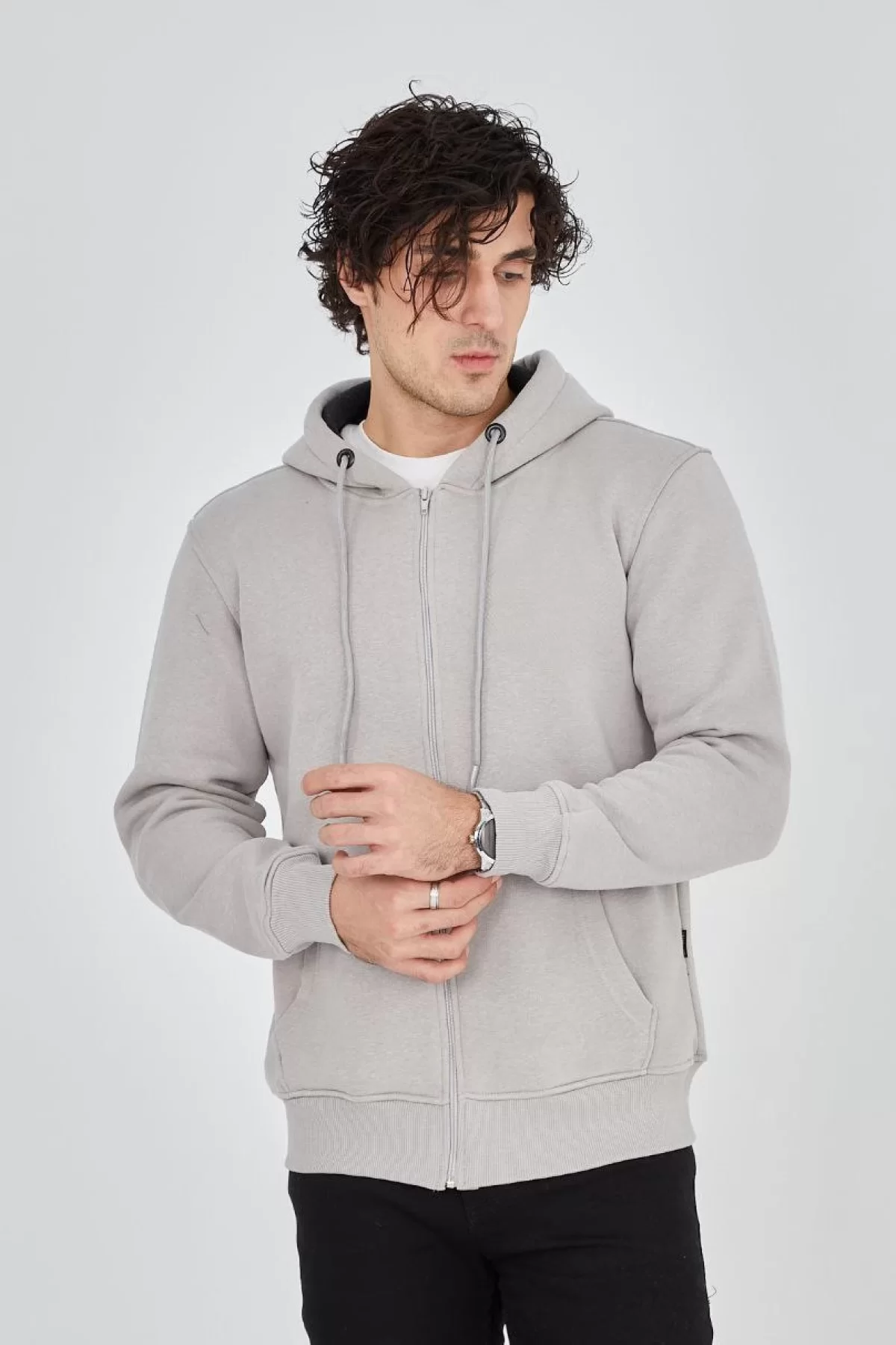 Unisex Tam Fermuarlı Kapşonlu  SweatShirt - Boyalı Gri