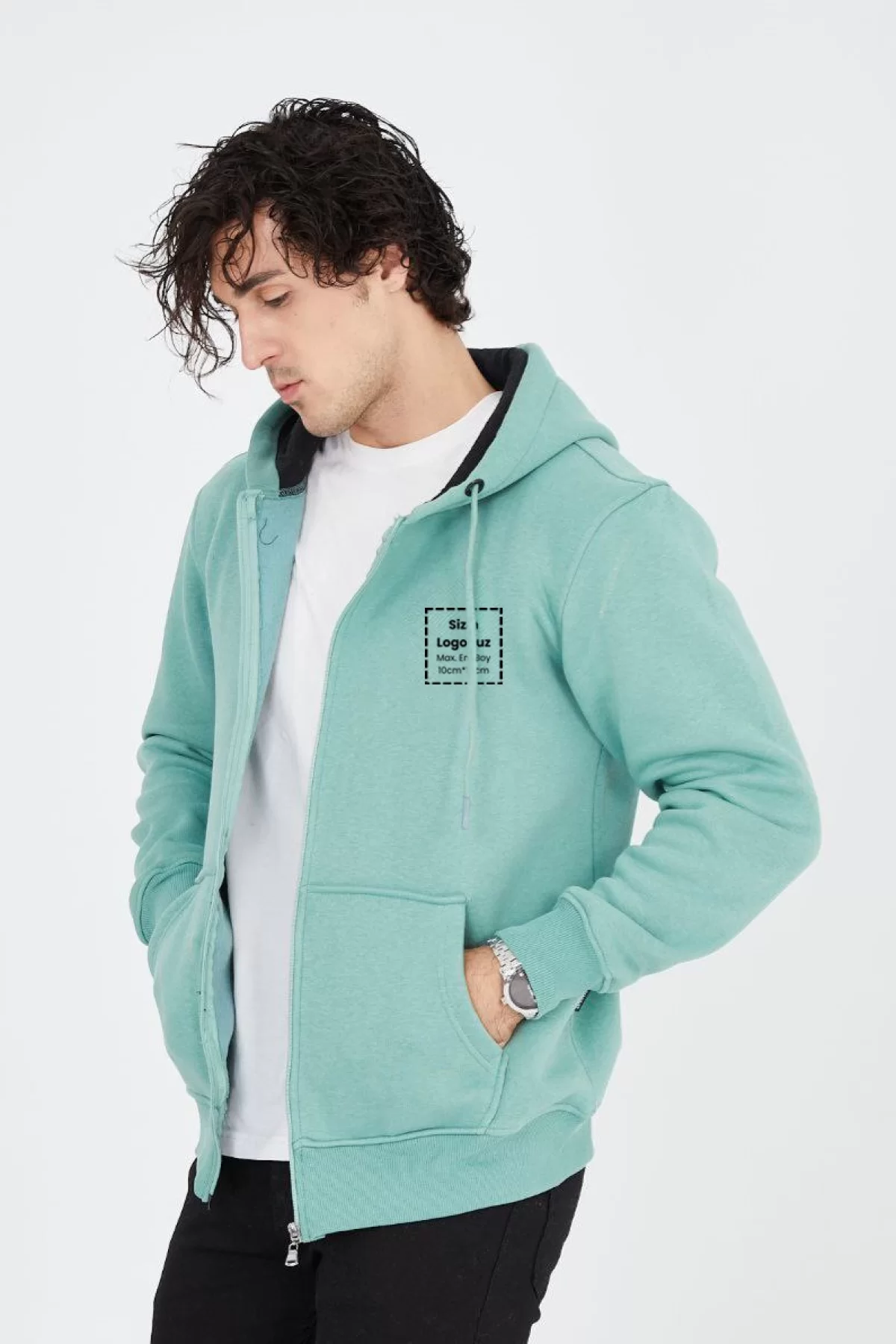 Unisex Tam Fermuarlı Kapşonlu Özel Tasarım SweatShirt - Mint Yeşili