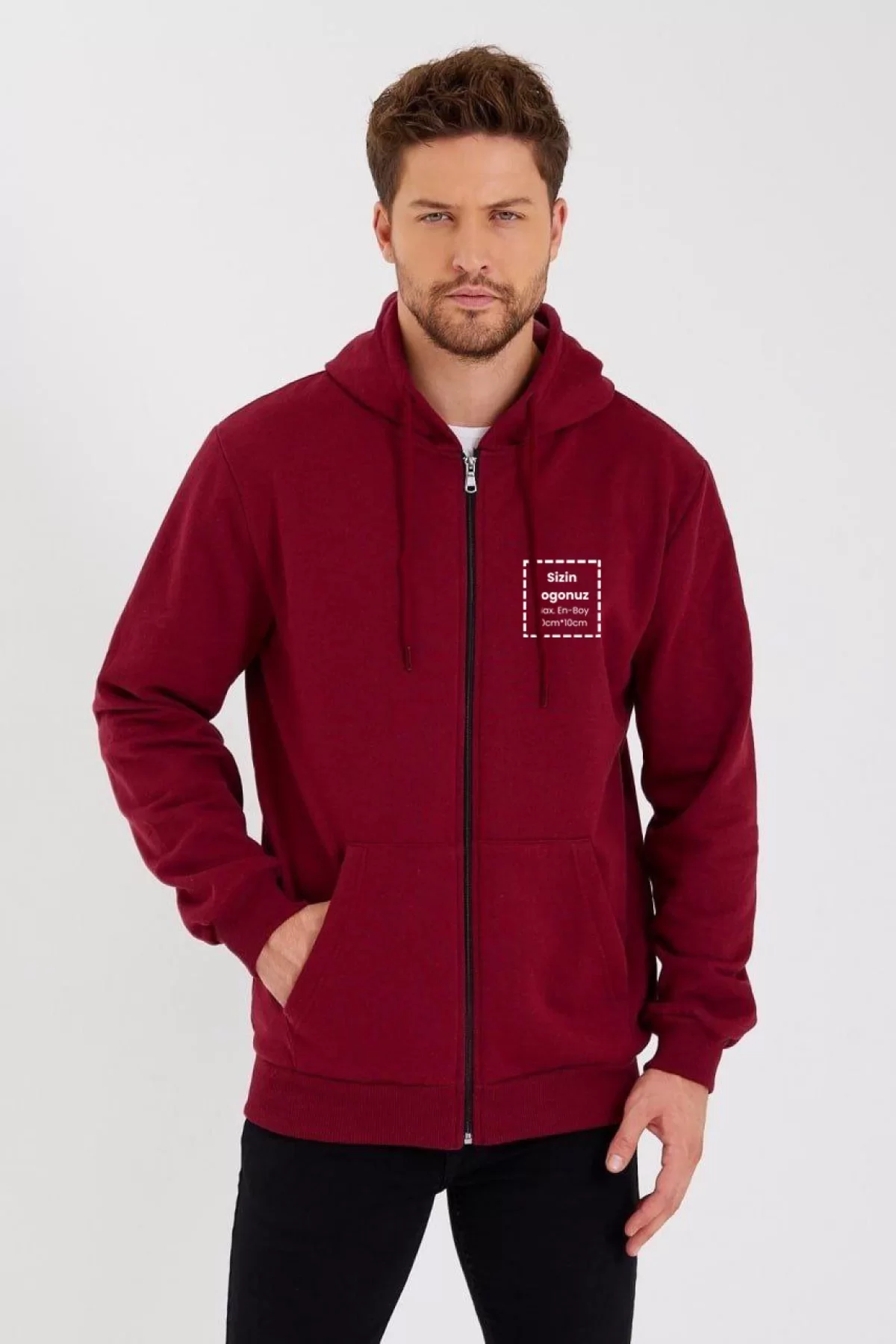 Unisex Tam Fermuarlı Kapşonlu Özel Tasarım SweatShirt - Bordo