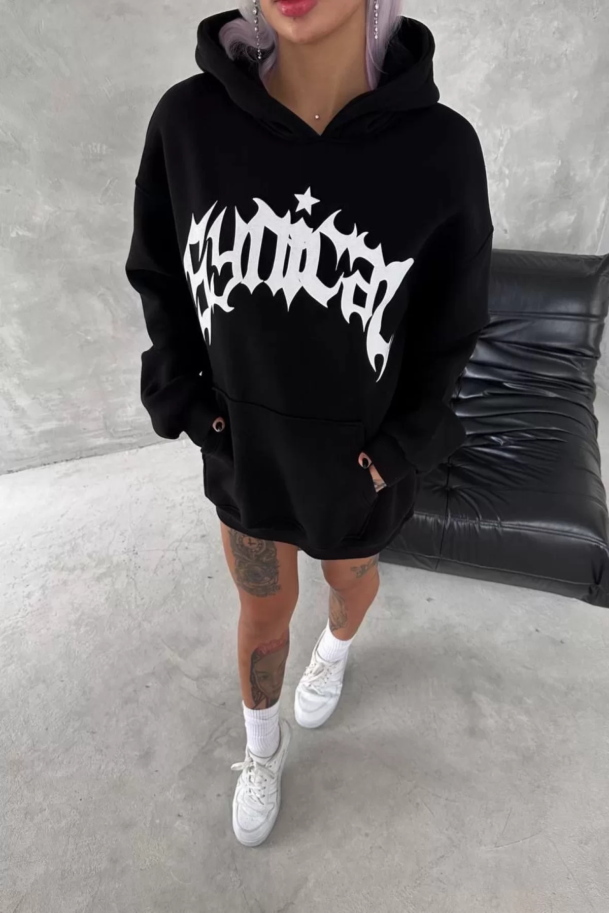 Unisex Üç İplik Kapşonlu Baskılı SweatShirt - Siyah