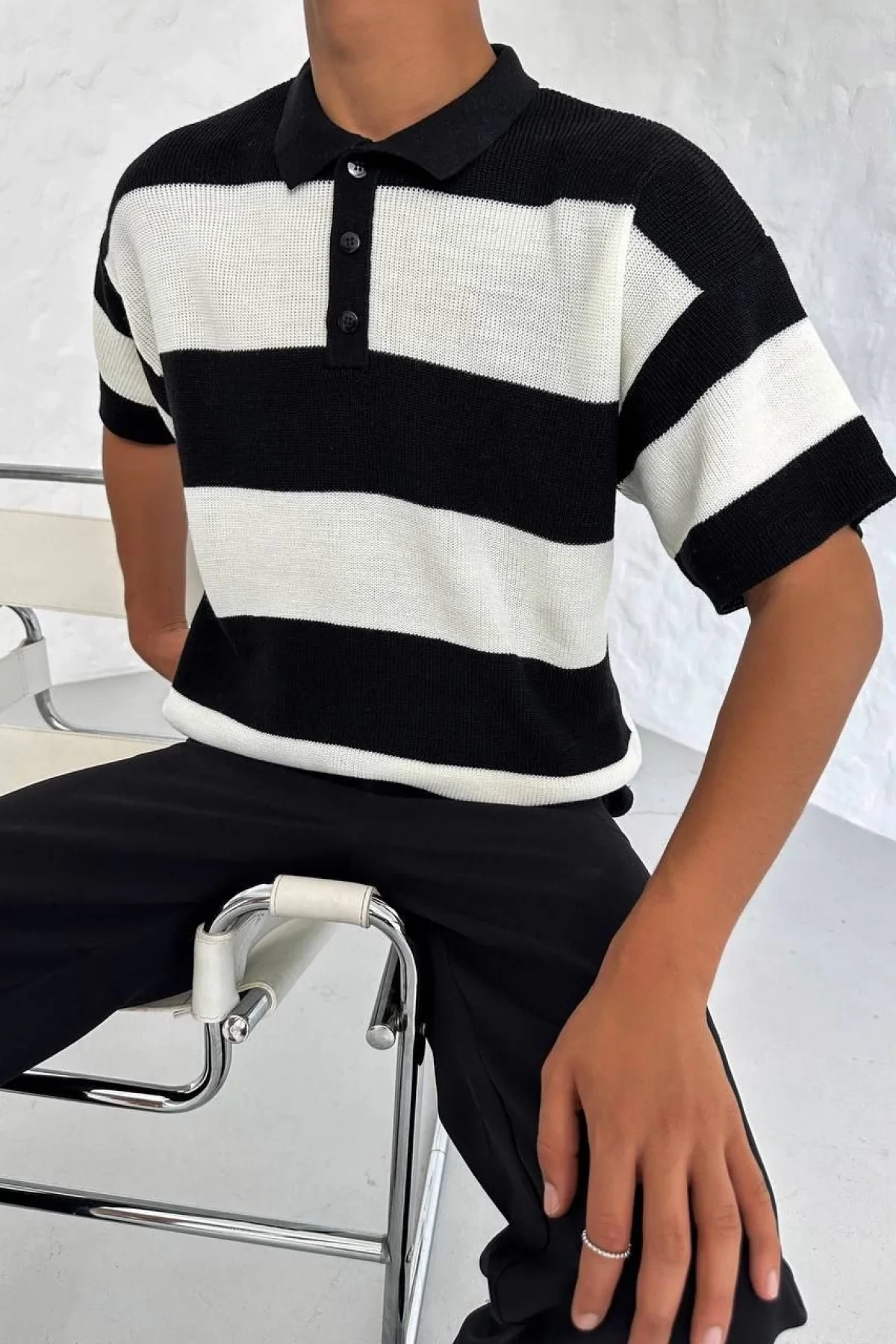 Erkek Yakalı Düğmeli Triko T-Shirt - Siyah