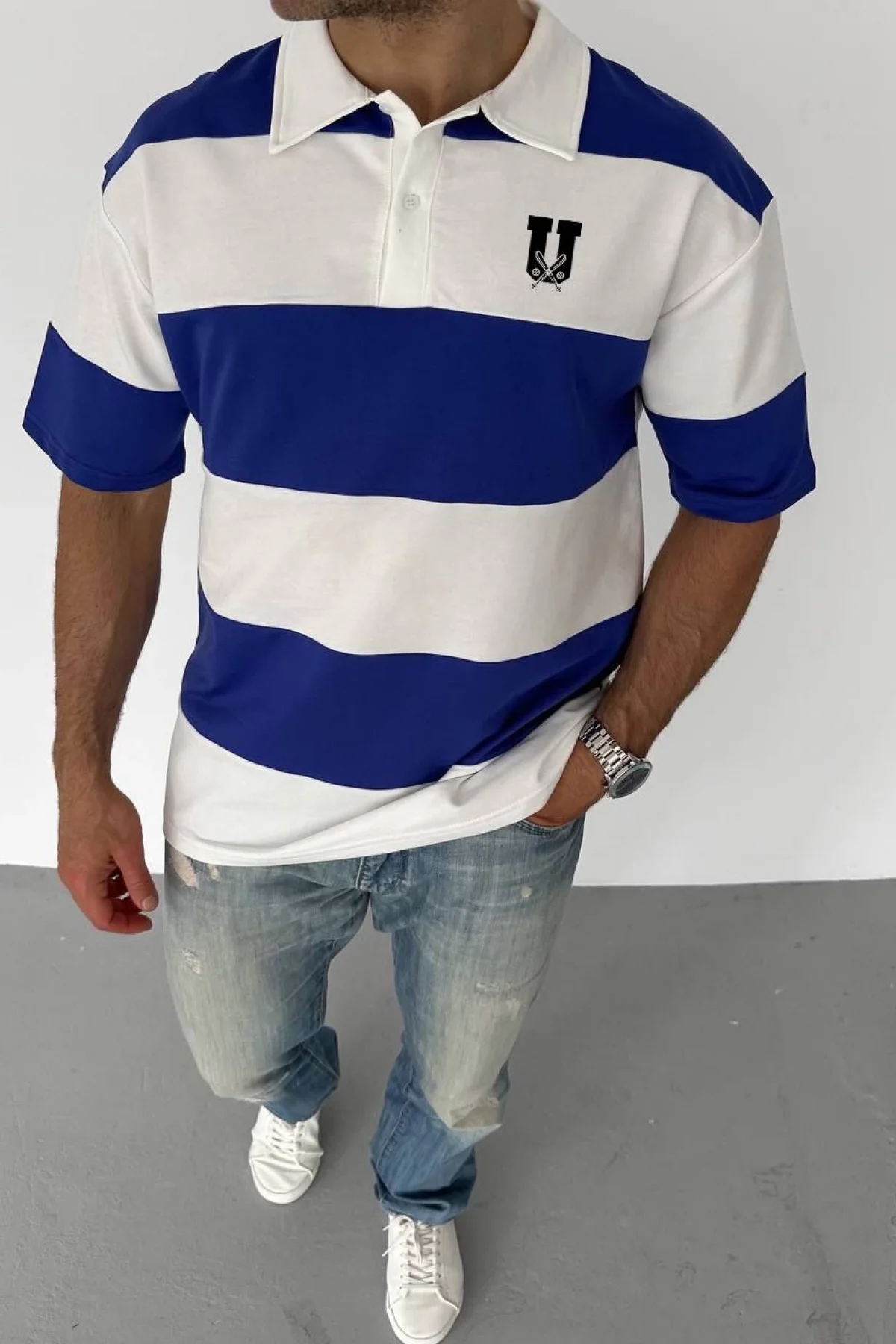 Unisex Yakalı Parçalı ve Baskılı T-shirt - Mavi