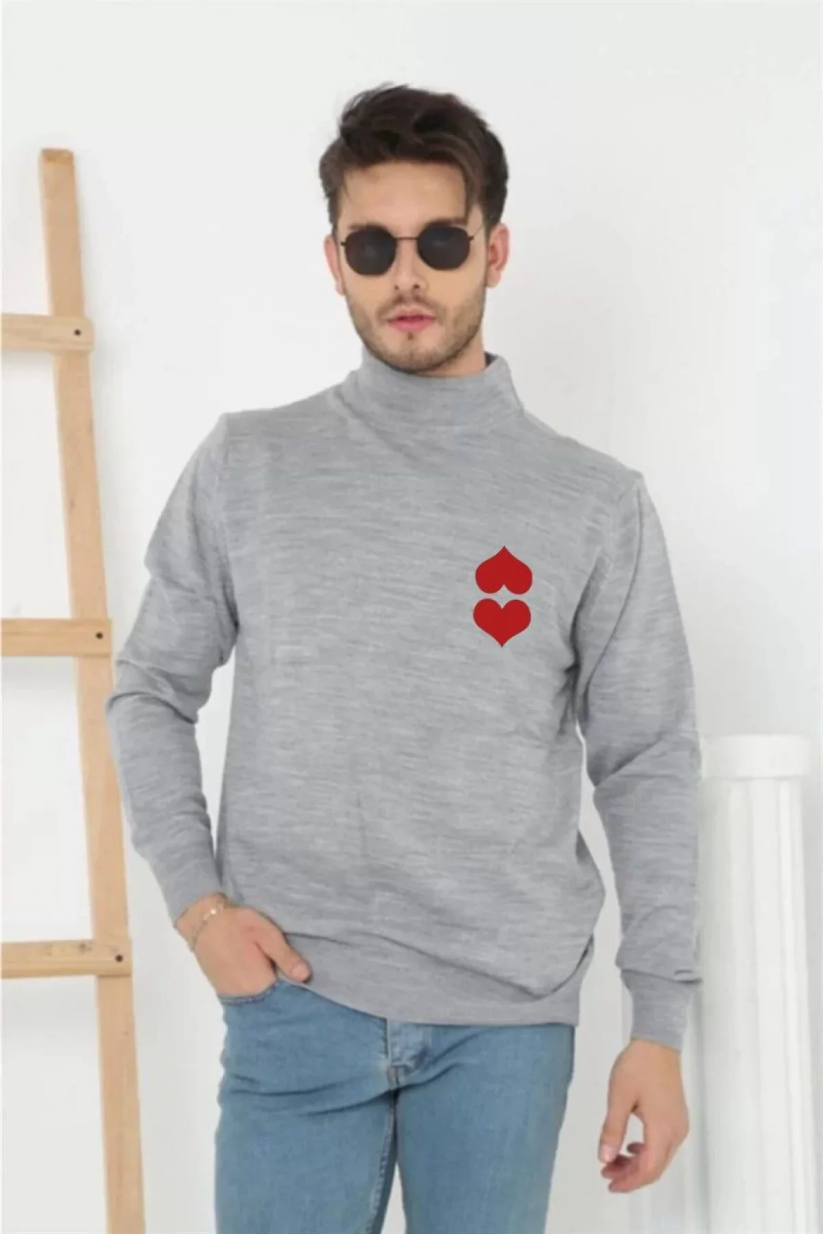 Erkek Yarım Bağazlı Kazak Baskılı Dokuma Triko - Gri