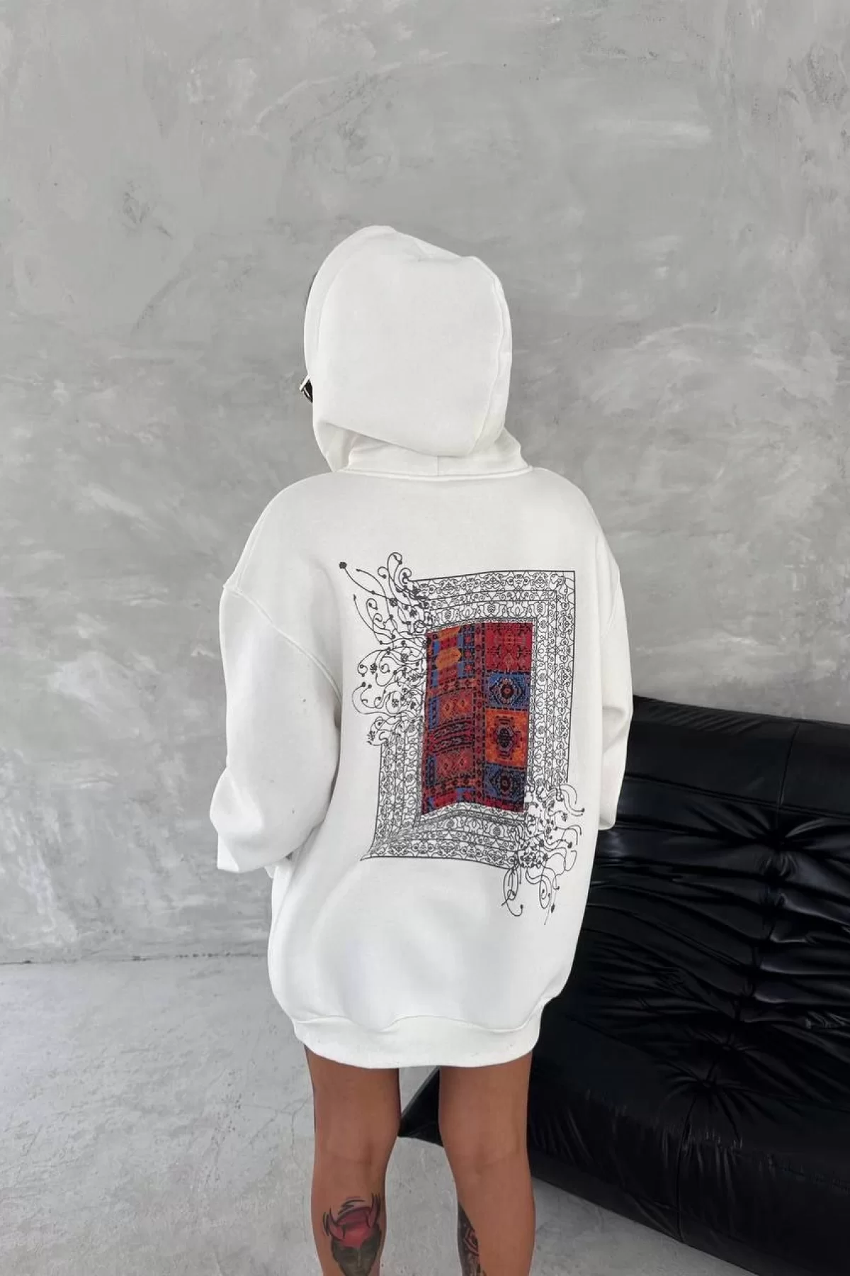 Uzun Kol Kapşonlu Ön Ve Arka Baskılı SweatShirt - Beyaz