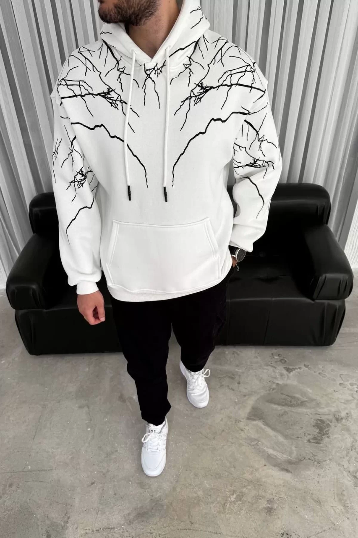 Yıldırım Baskılı Kapşonlu SweatShirt - Beyaz