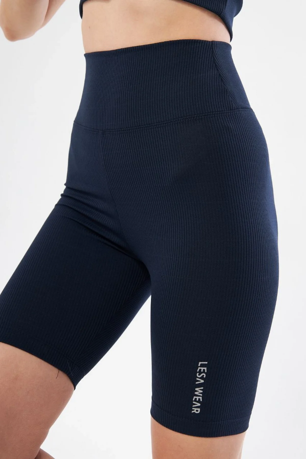 Yüksek Bel Fitilli Biker Baskılı Şort - Lacivert