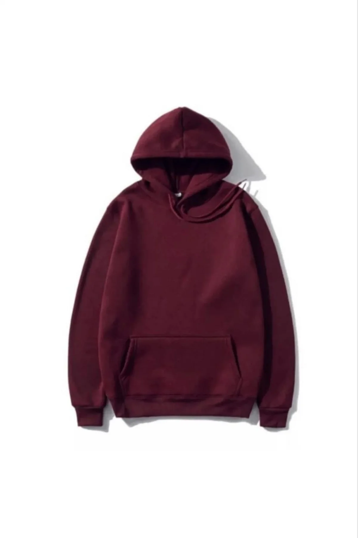 Kadın 3 İplik Pamuklu Kapüşonlu Kanguru Cepli Düz Hoodie Sweatshirt - Bordo
