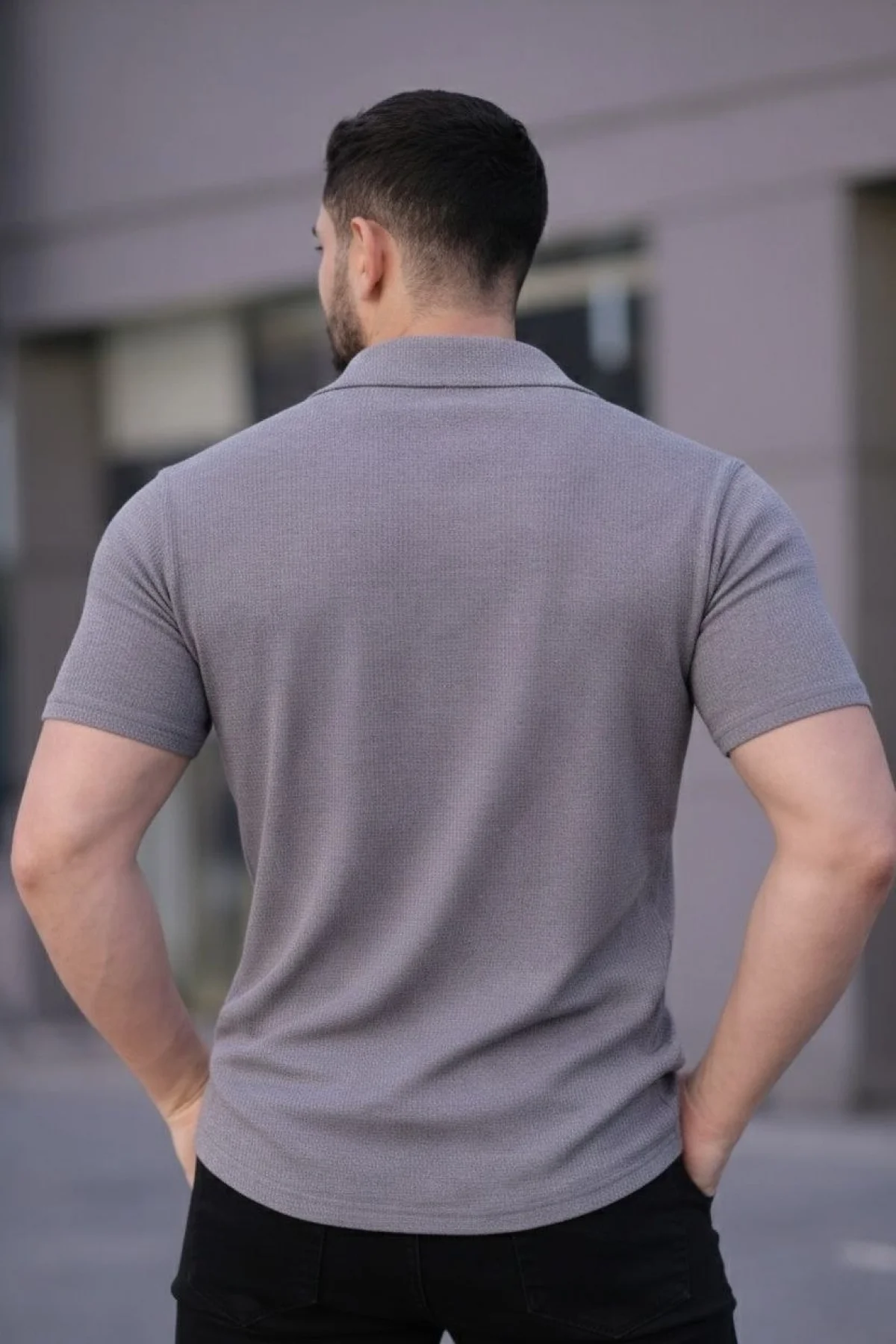 Erkek Waffle Kumaş Kısa Kollu Düğmeli Açık Yaka Regular Fit Gömlek - Gri
