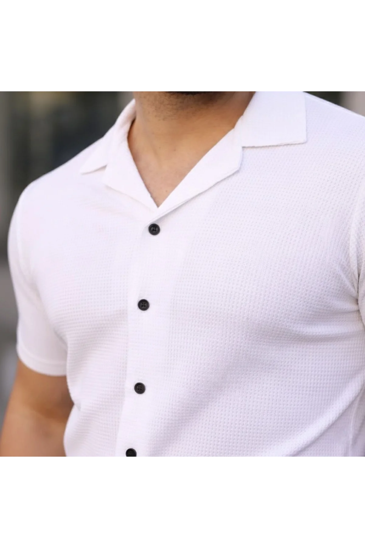 Erkek Waffle Kumaş Kısa Kollu Düğmeli Açık Yaka Regular Fit Gömlek - Beyaz