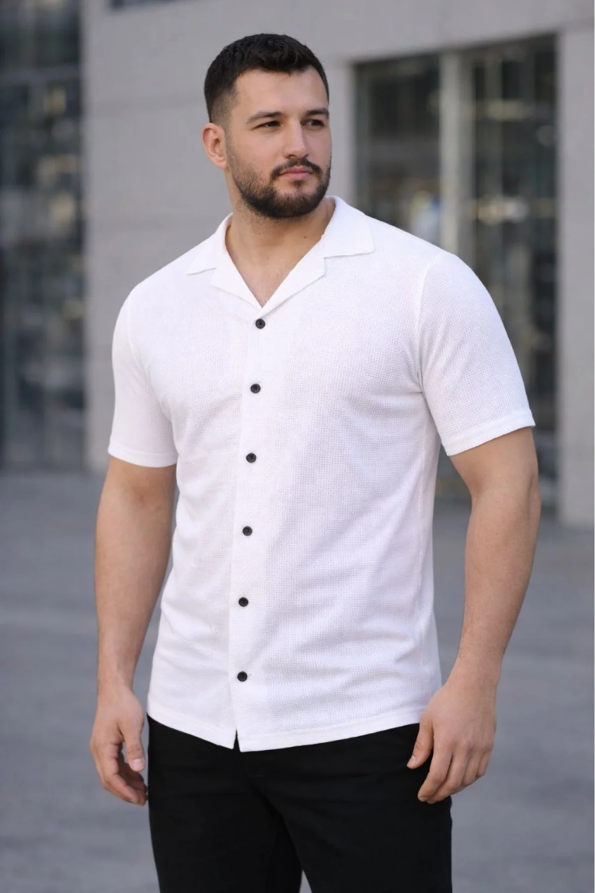 Erkek Waffle Kumaş Kısa Kollu Düğmeli Açık Yaka Regular Fit Gömlek - Beyaz