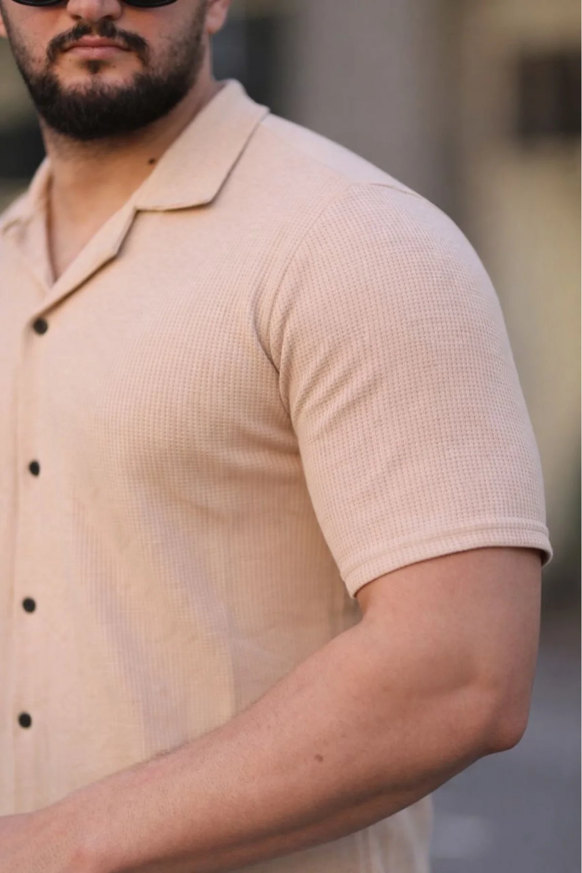 Erkek Waffle Kumaş Kısa Kollu Düğmeli Açık Yaka Regular Fit Gömlek - Bej