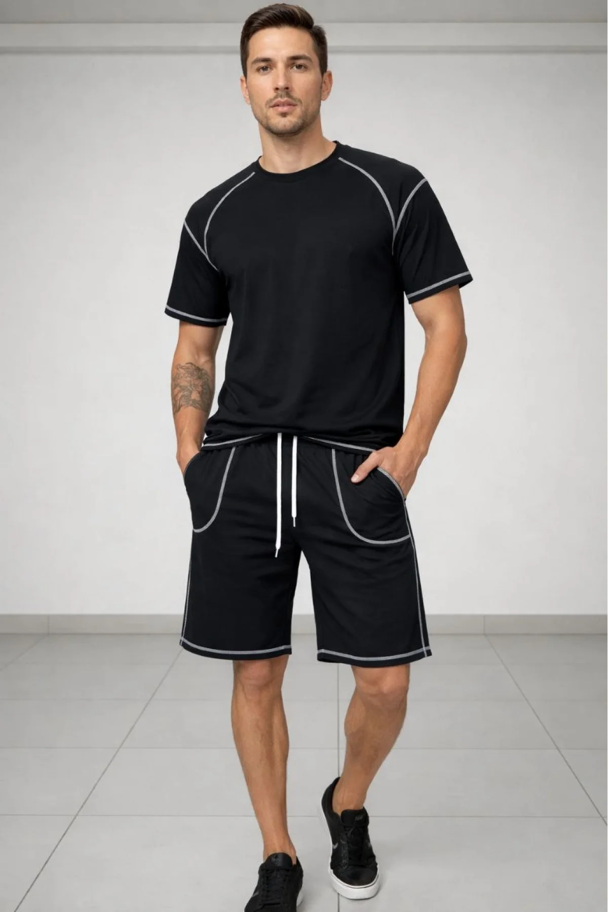 Erkek Spor Tişört Şort Takım Kontrast Dikiş Detaylı Ovarsize rahat kalıp - Siyah