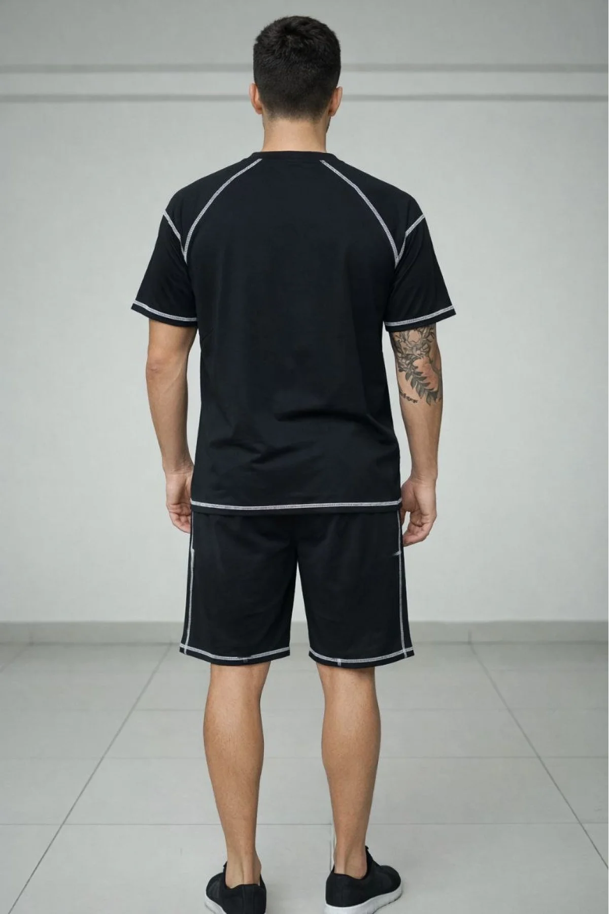 Erkek Spor Tişört Şort Takım Kontrast Dikiş Detaylı Ovarsize rahat kalıp - Siyah
