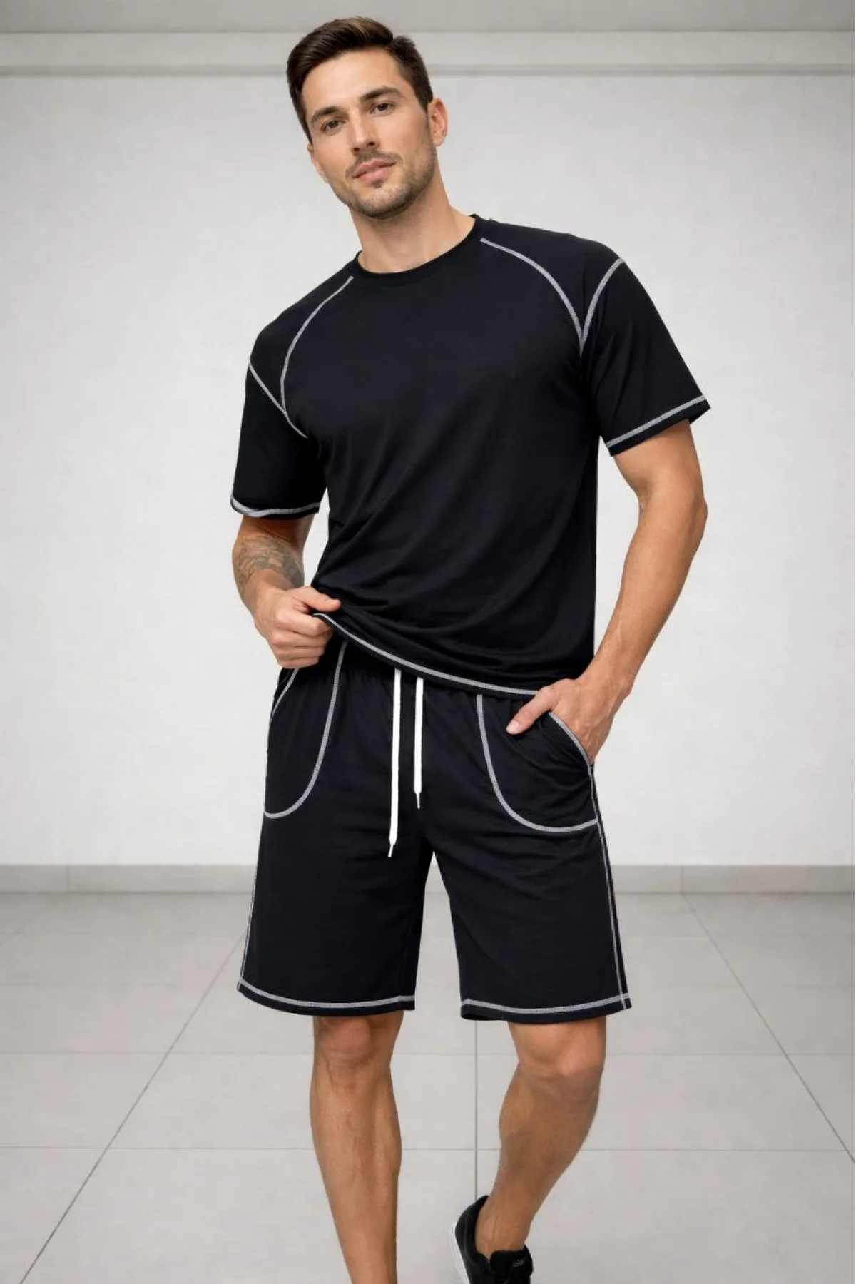Erkek Spor Tişört Şort Takım Kontrast Dikiş Detaylı Ovarsize rahat kalıp - Siyah