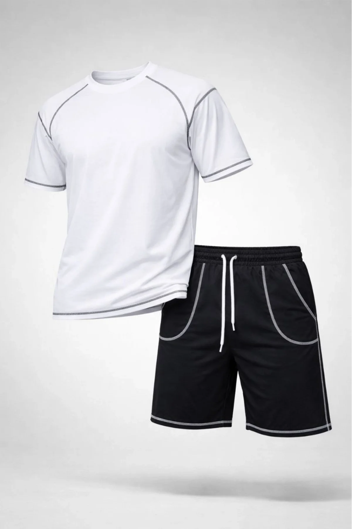 Erkek Spor Tişört Şort Takım Kontrast Dikiş Detaylı Ovarsize rahat kalıp - Beyaz