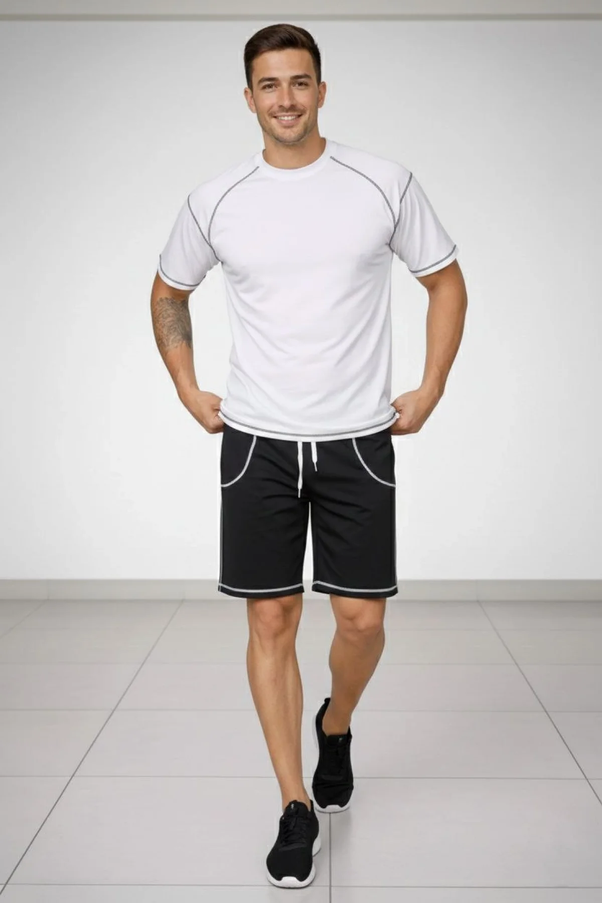 Erkek Spor Tişört Şort Takım Kontrast Dikiş Detaylı Ovarsize rahat kalıp - Beyaz
