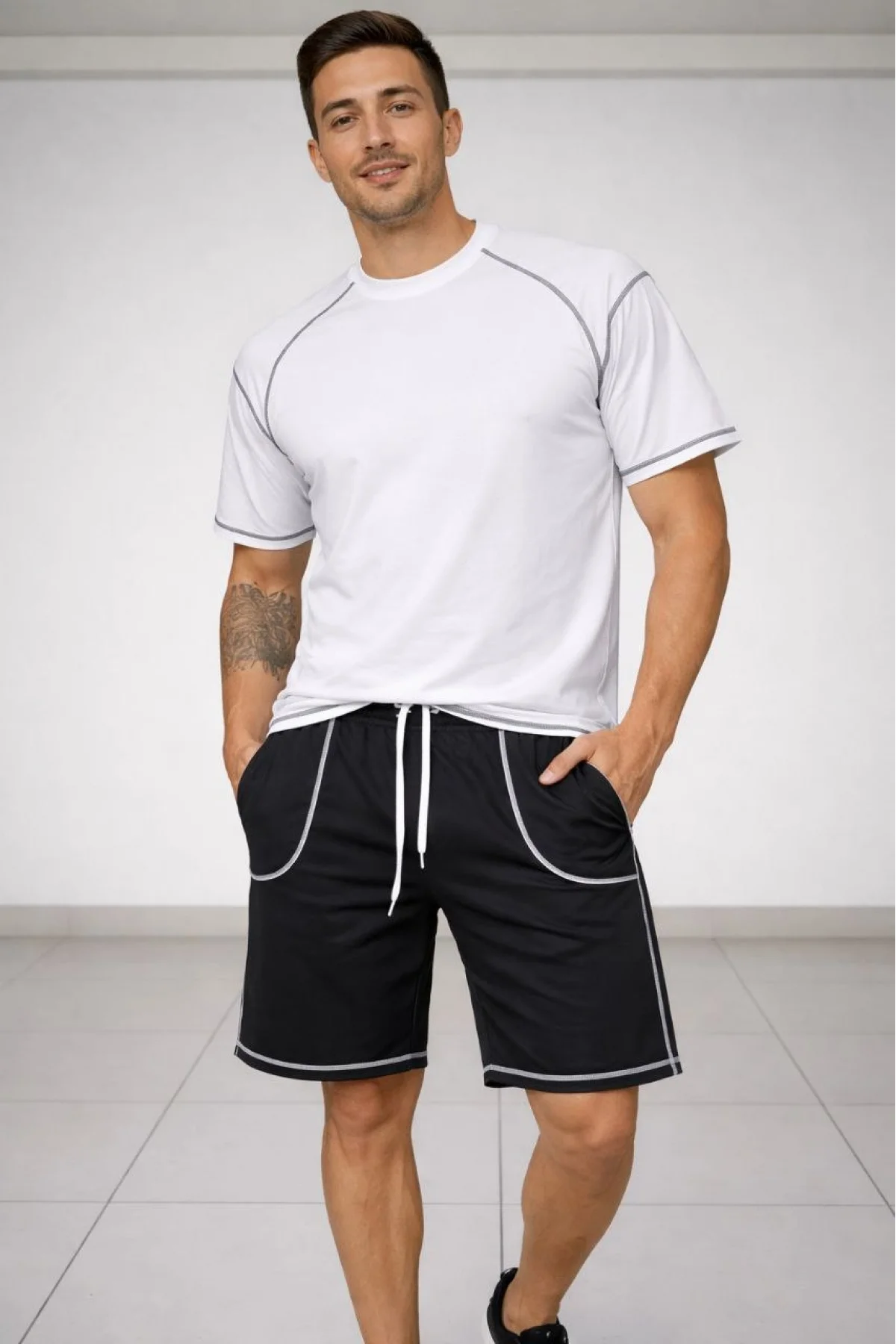 Erkek Spor Tişört Şort Takım Kontrast Dikiş Detaylı Ovarsize rahat kalıp - Beyaz