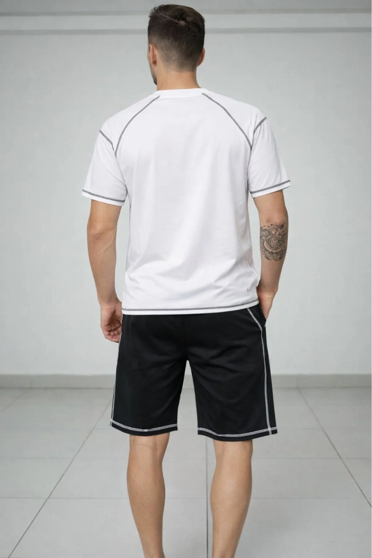 Erkek Spor Tişört Şort Takım Kontrast Dikiş Detaylı Ovarsize rahat kalıp - Beyaz
