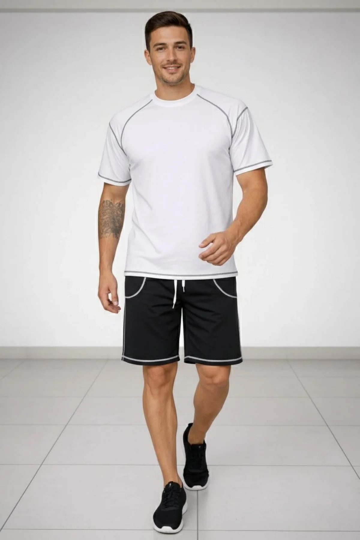 Erkek Spor Tişört Şort Takım Kontrast Dikiş Detaylı Ovarsize rahat kalıp - Beyaz