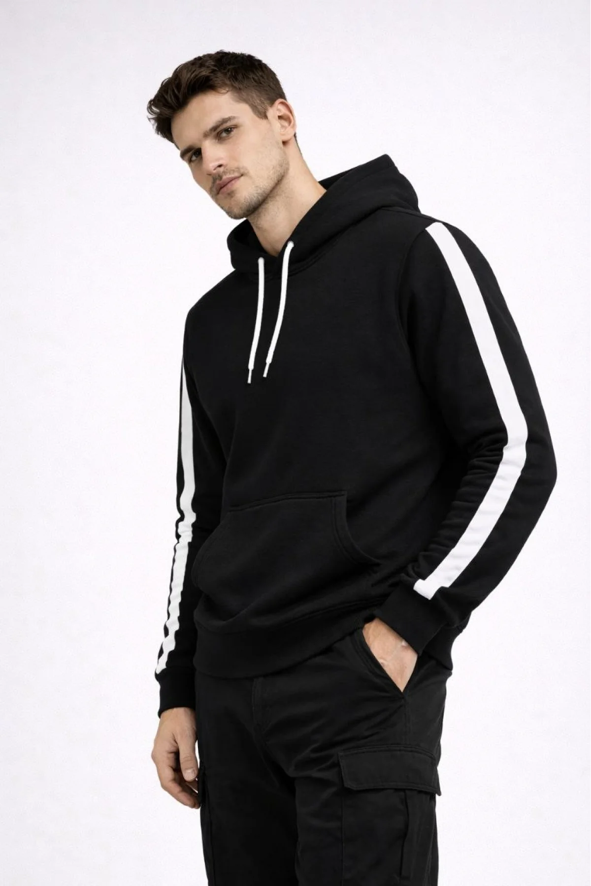 Erkek Şeritli Kapüşonlu Sweatshirt Oversize 3 iplik Pamuklu - Siyah