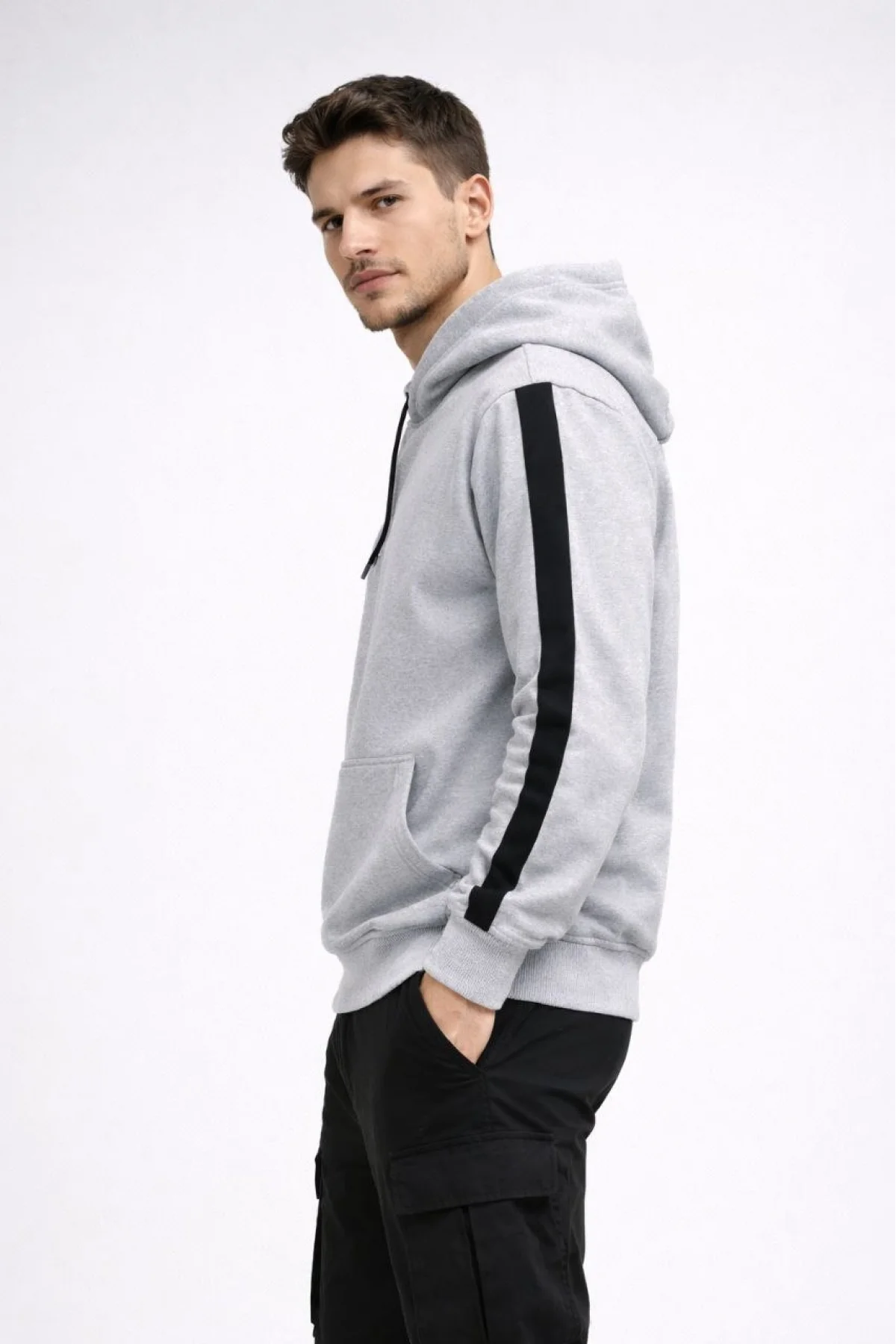 Erkek Şeritli Kapüşonlu Sweatshirt Oversize 3 iplik Pamuklu - Beyaz