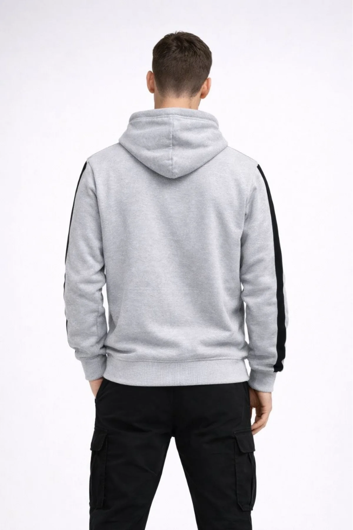 Erkek Şeritli Kapüşonlu Sweatshirt Oversize 3 iplik Pamuklu - Beyaz