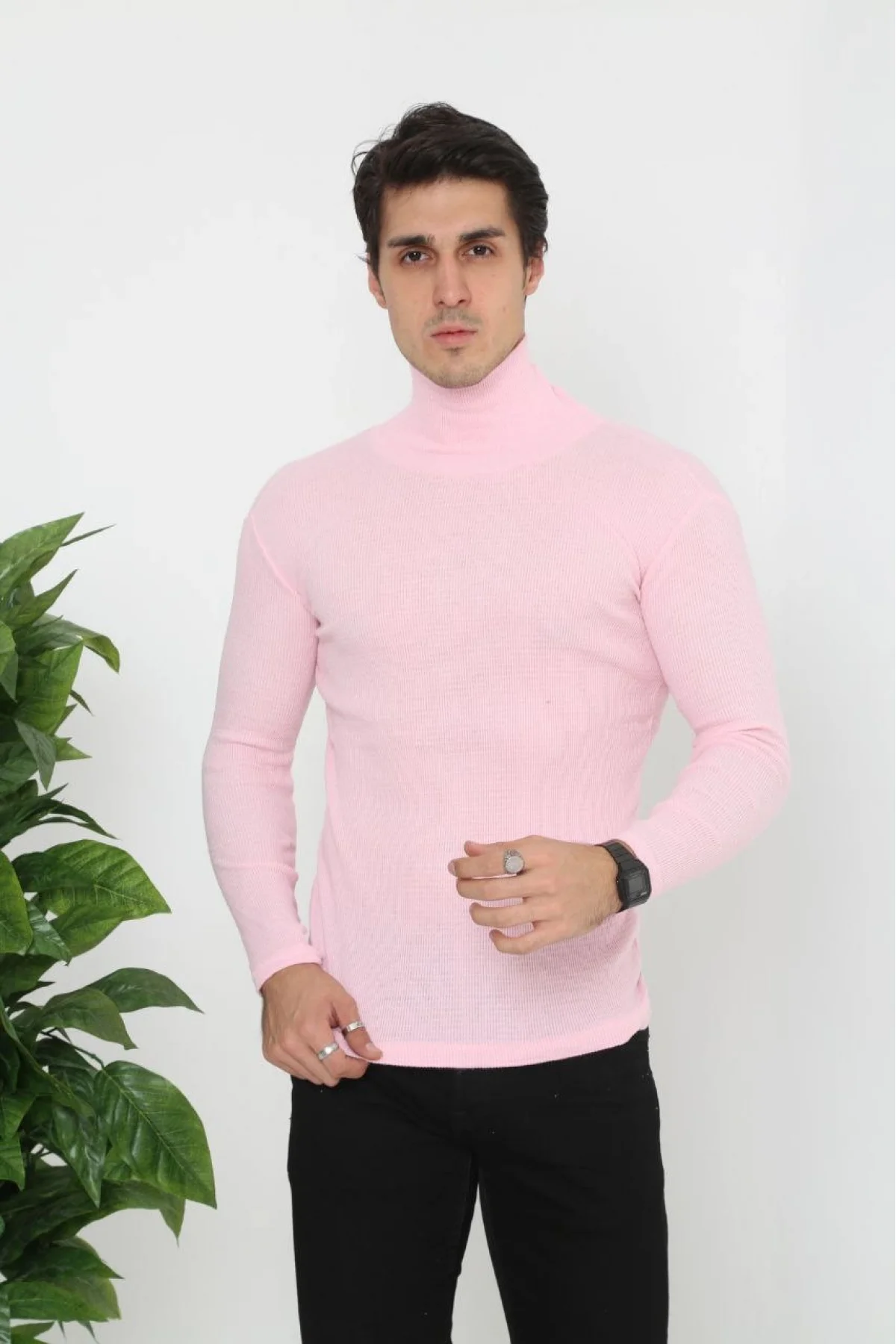 Erkek Kaşkorse Boğazlı Full Likralı Fitilli Body Kazak - Toz Pembe