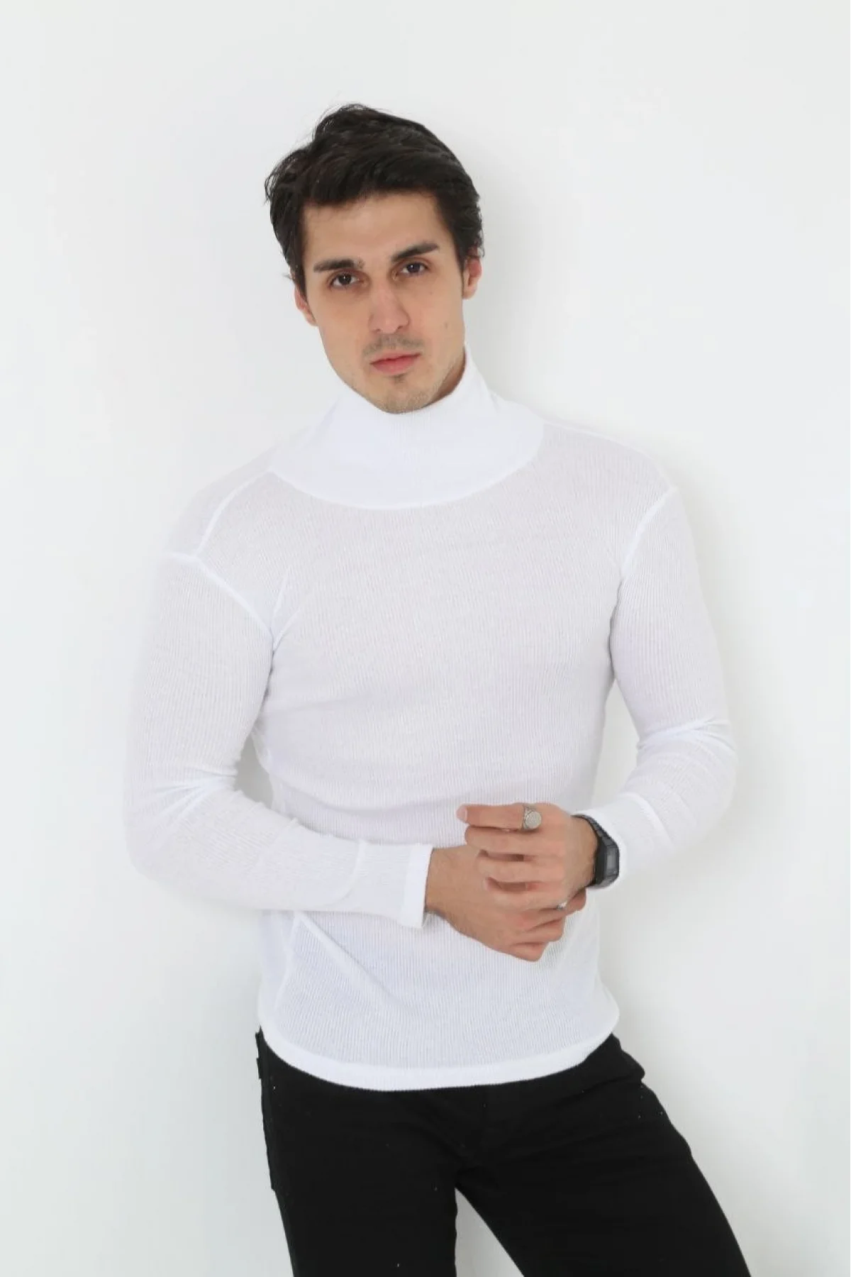 Erkek Kaşkorse Boğazlı Full Likralı Fitilli Body Kazak - Beyaz