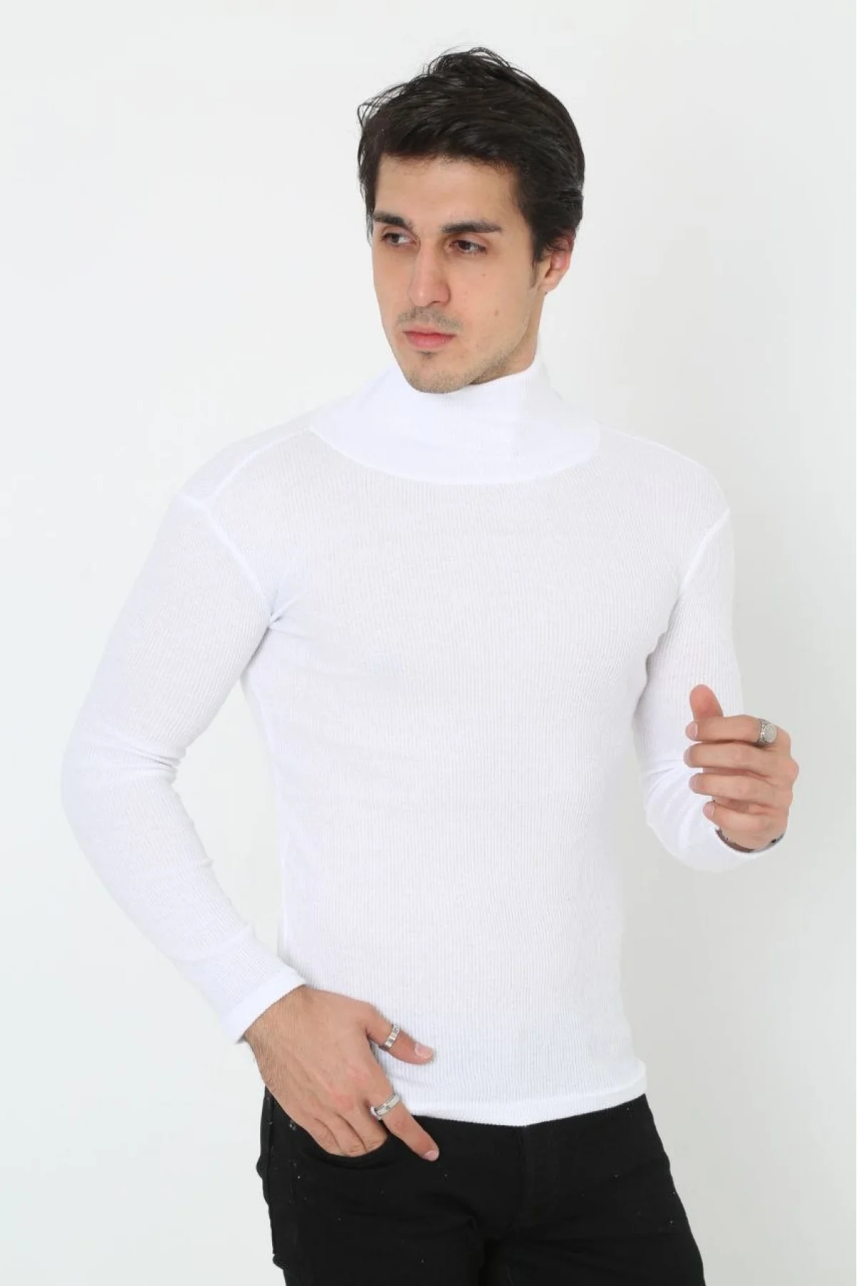 Erkek Kaşkorse Boğazlı Full Likralı Fitilli Body Kazak - Beyaz