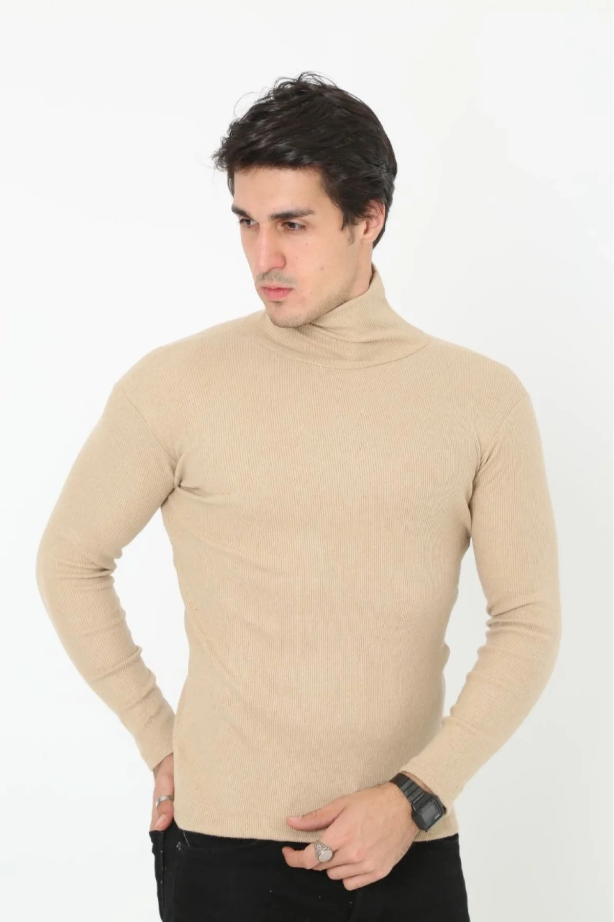 Erkek Kaşkorse Boğazlı Full Likralı Fitilli Body Kazak - Bej