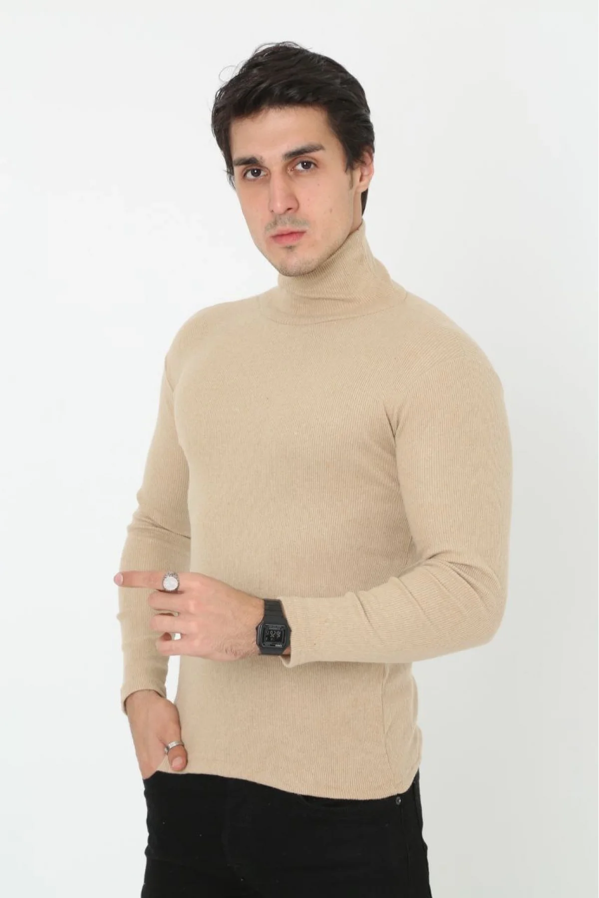 Erkek Kaşkorse Boğazlı Full Likralı Fitilli Body Kazak - Bej