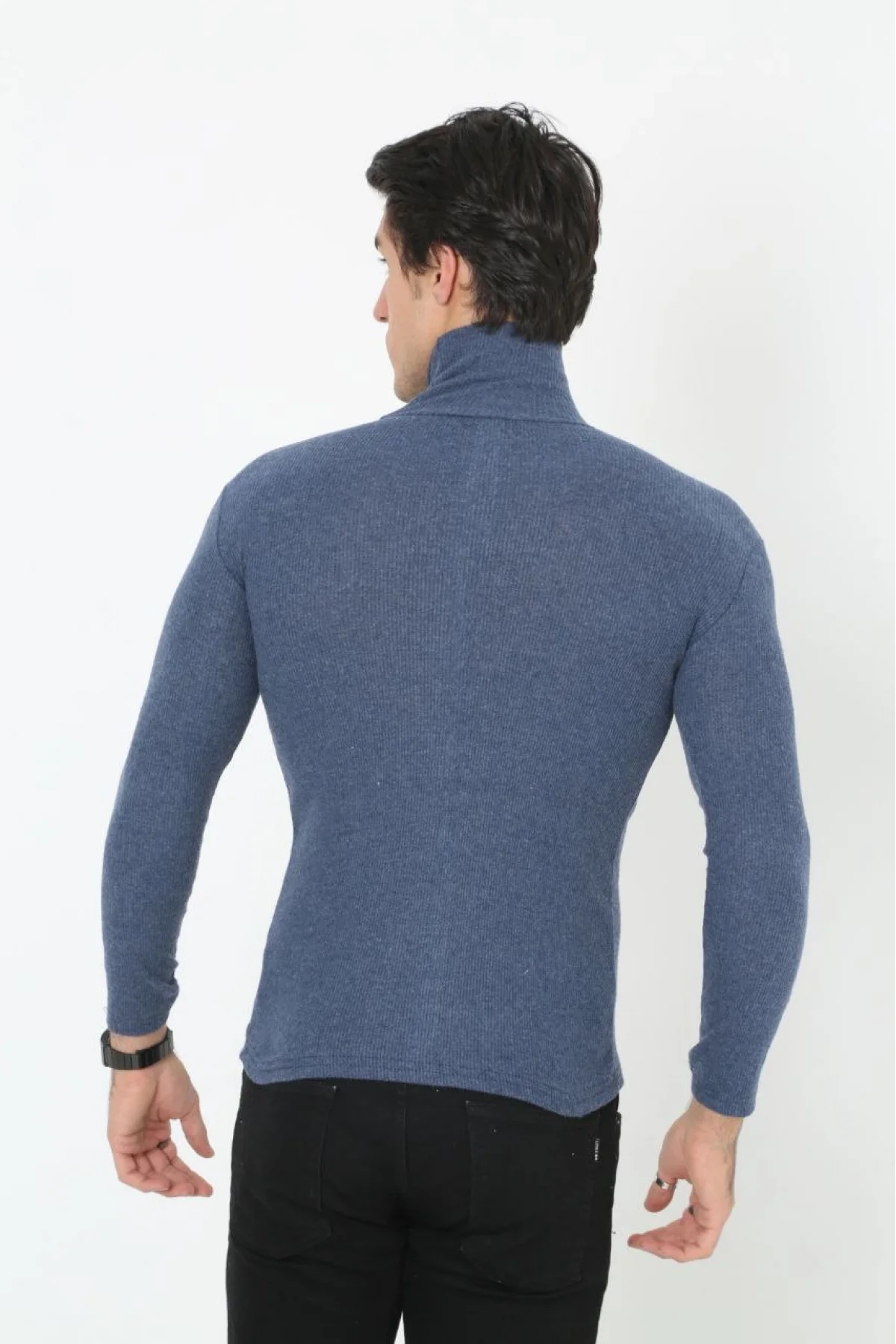 Erkek Kaşkorse Boğazlı Full Likralı Fitilli Body Kazak - İndigo