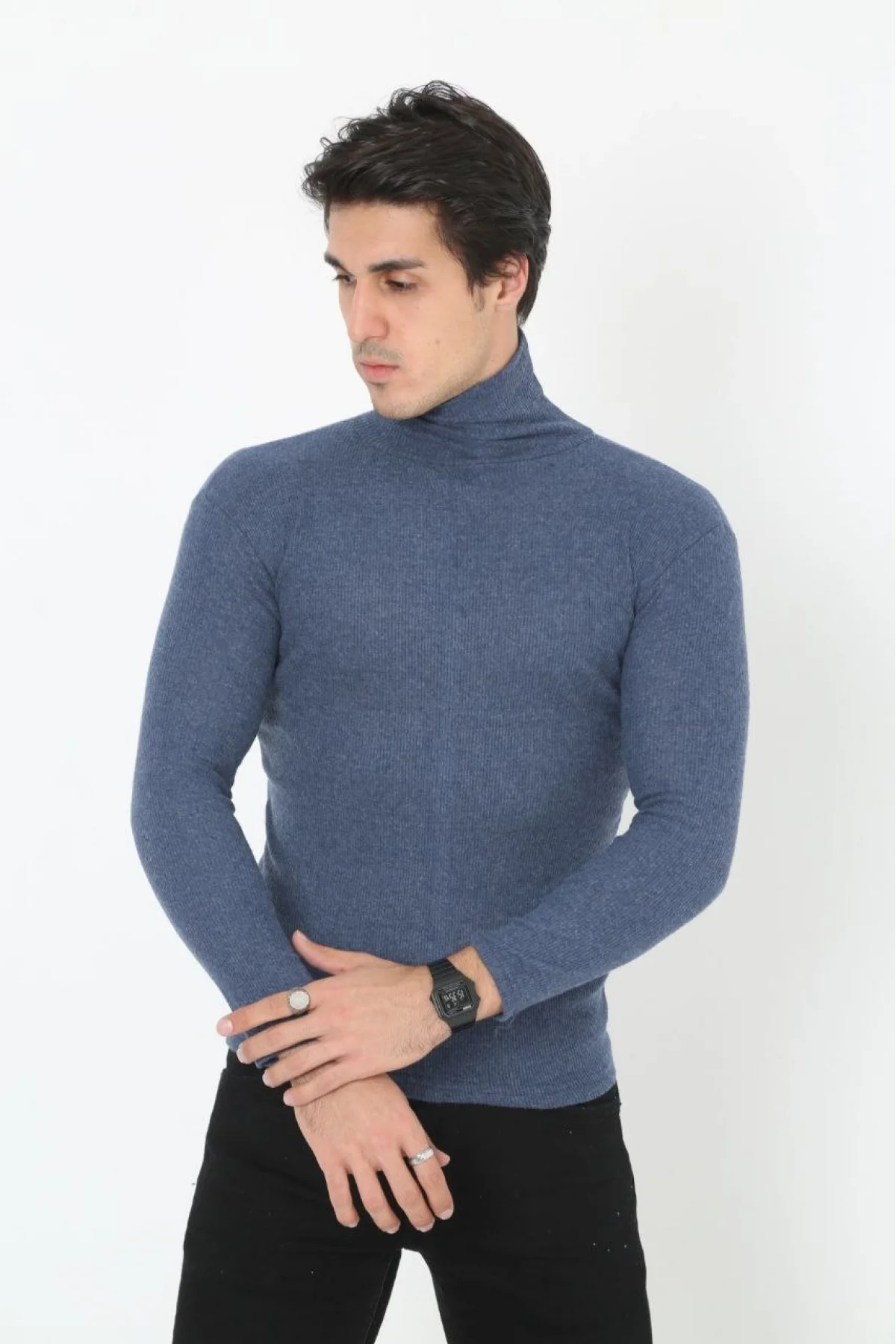 Erkek Kaşkorse Boğazlı Full Likralı Fitilli Body Kazak - İndigo