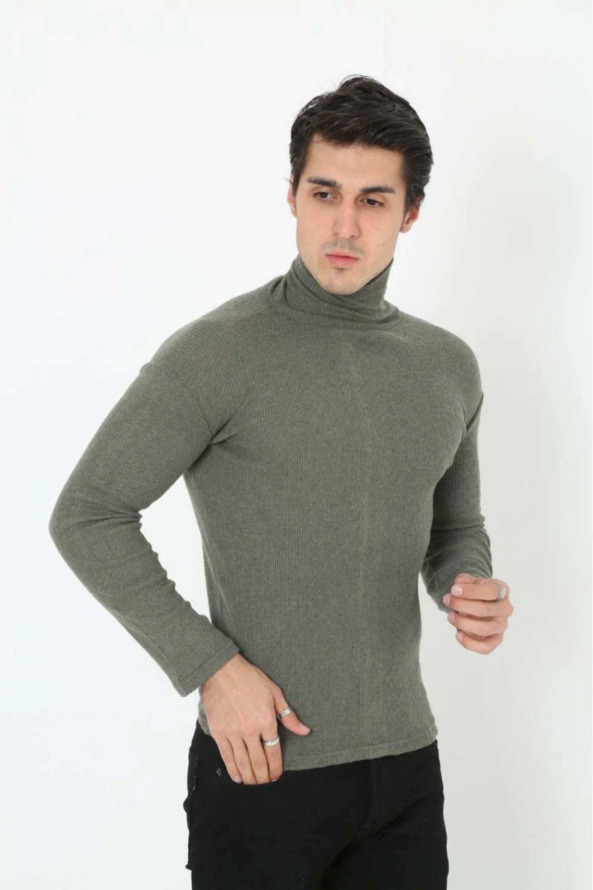 Erkek Kaşkorse Boğazlı Full Likralı Fitilli Body Kazak - Haki