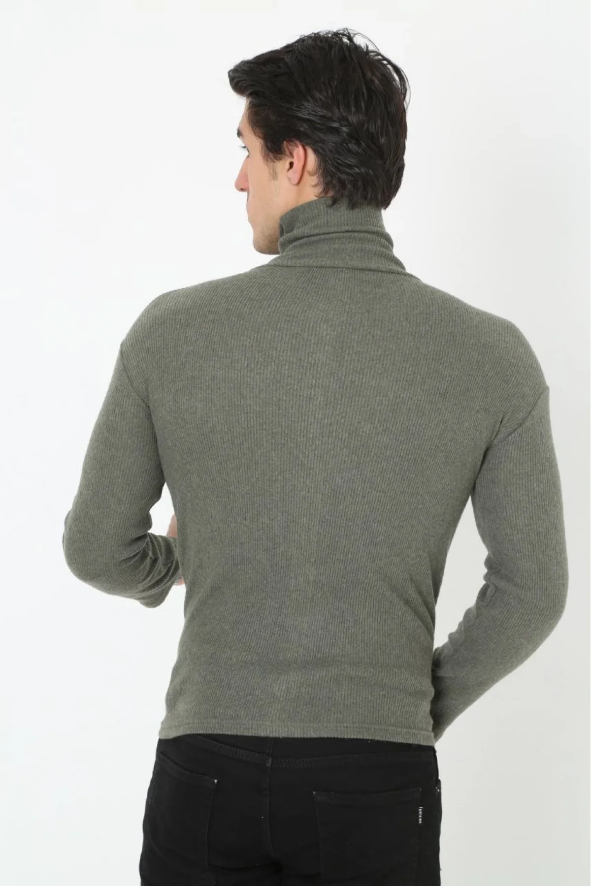 Erkek Kaşkorse Boğazlı Full Likralı Fitilli Body Kazak - Haki