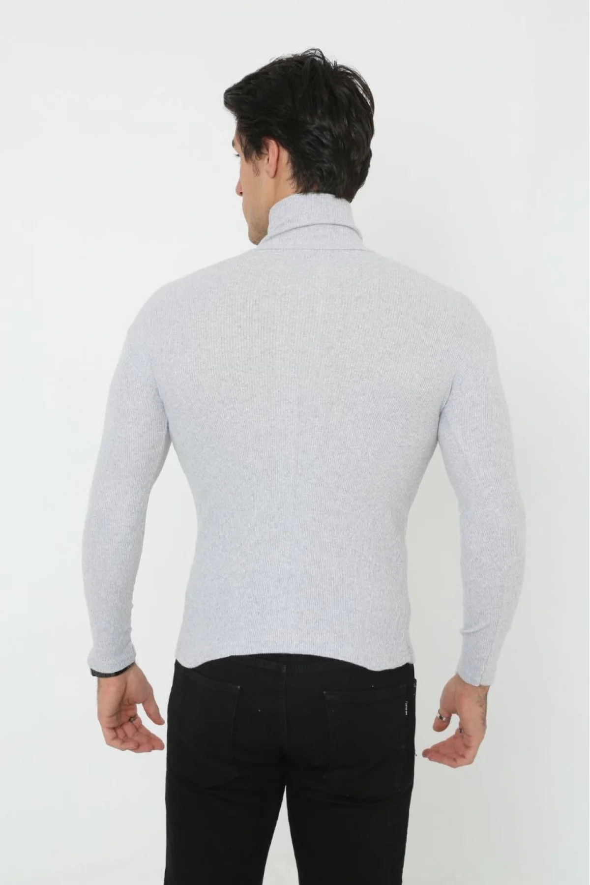 Erkek Kaşkorse Boğazlı Full Likralı Fitilli Body Kazak - Gri