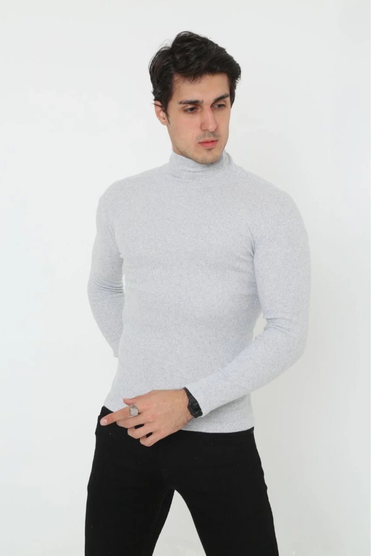 Erkek Kaşkorse Boğazlı Full Likralı Fitilli Body Kazak - Gri