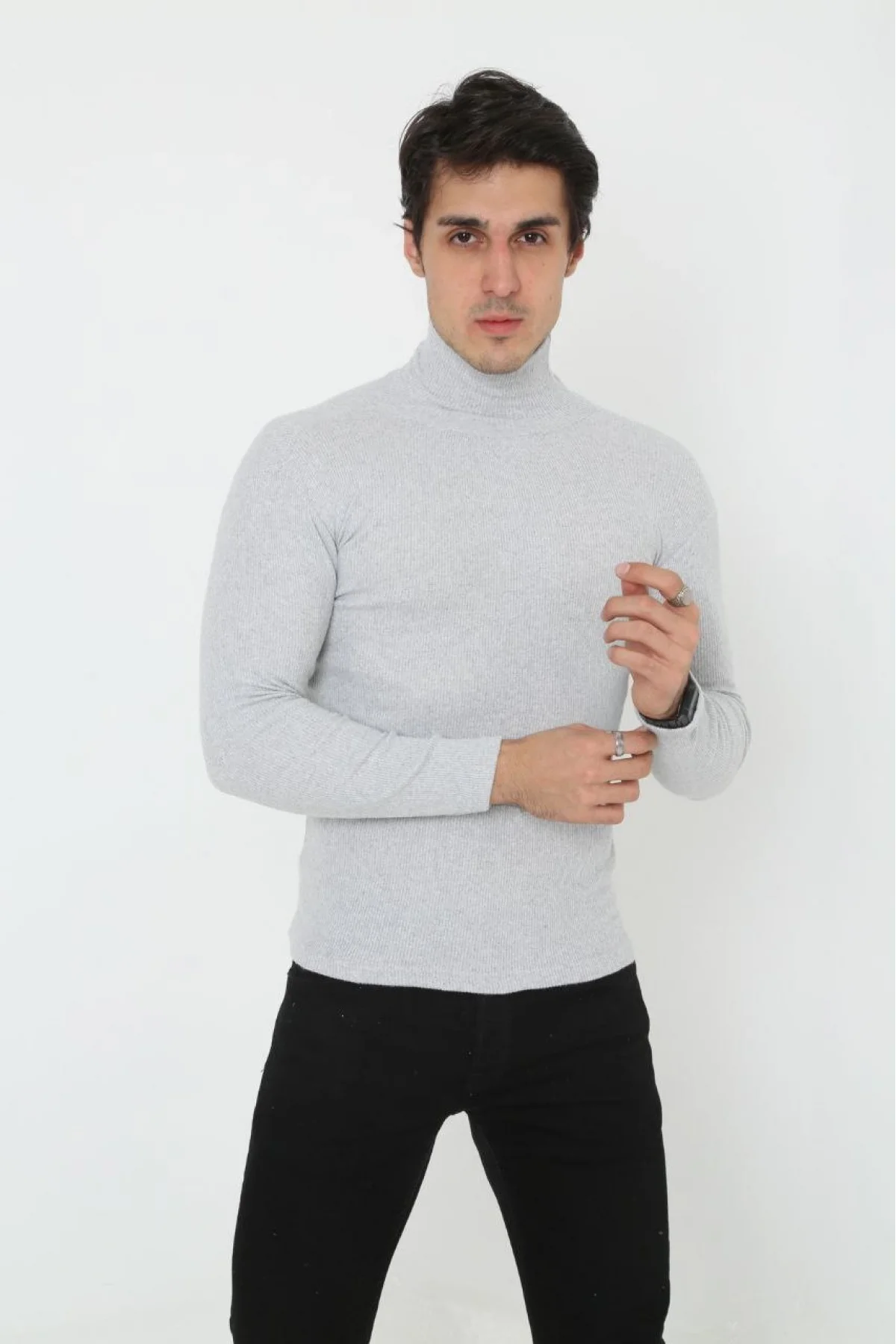 Erkek Kaşkorse Boğazlı Full Likralı Fitilli Body Kazak - Gri