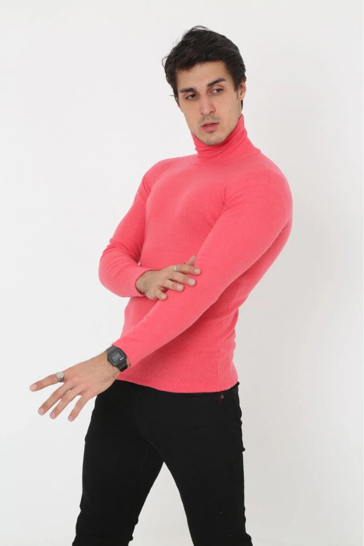 Erkek Kaşkorse Boğazlı Full Likralı Fitilli Body Kazak - Pembe