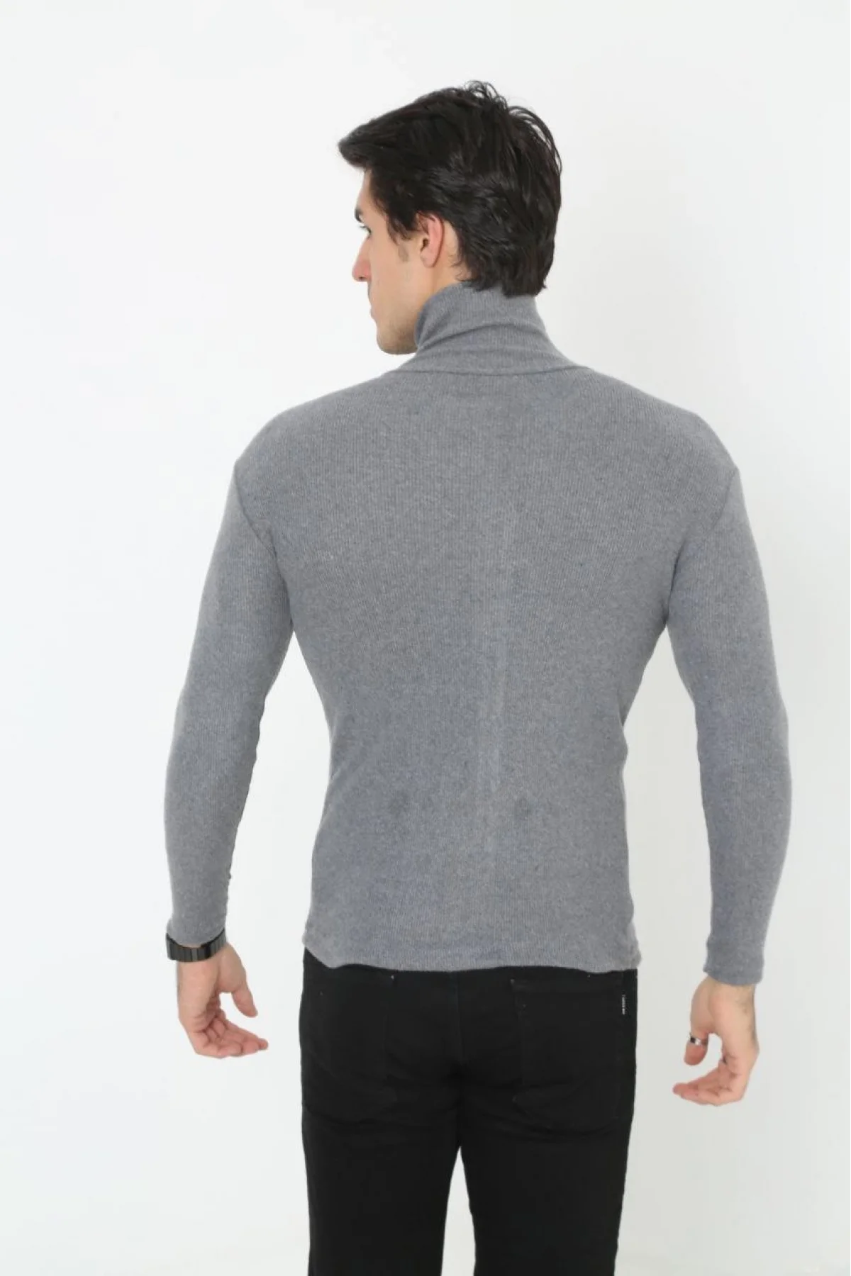 Erkek Kaşkorse Boğazlı Full Likralı Fitilli Body Kazak - Füme