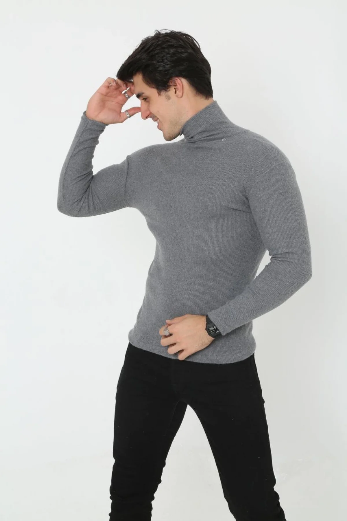 Erkek Kaşkorse Boğazlı Full Likralı Fitilli Body Kazak - Füme