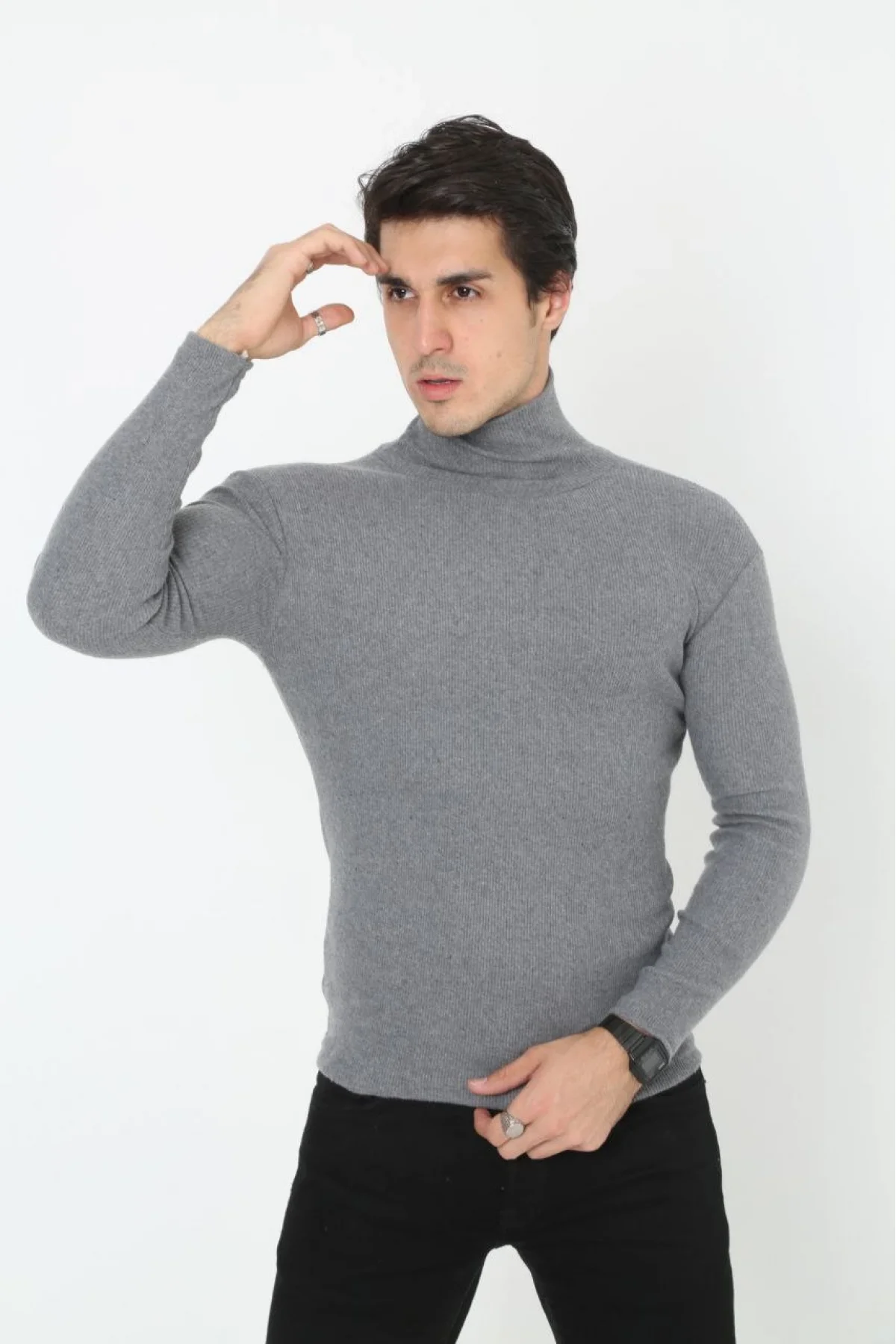 Erkek Kaşkorse Boğazlı Full Likralı Fitilli Body Kazak - Füme