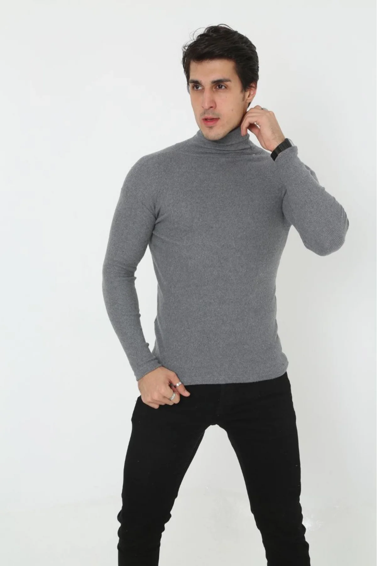 Erkek Kaşkorse Boğazlı Full Likralı Fitilli Body Kazak - Füme